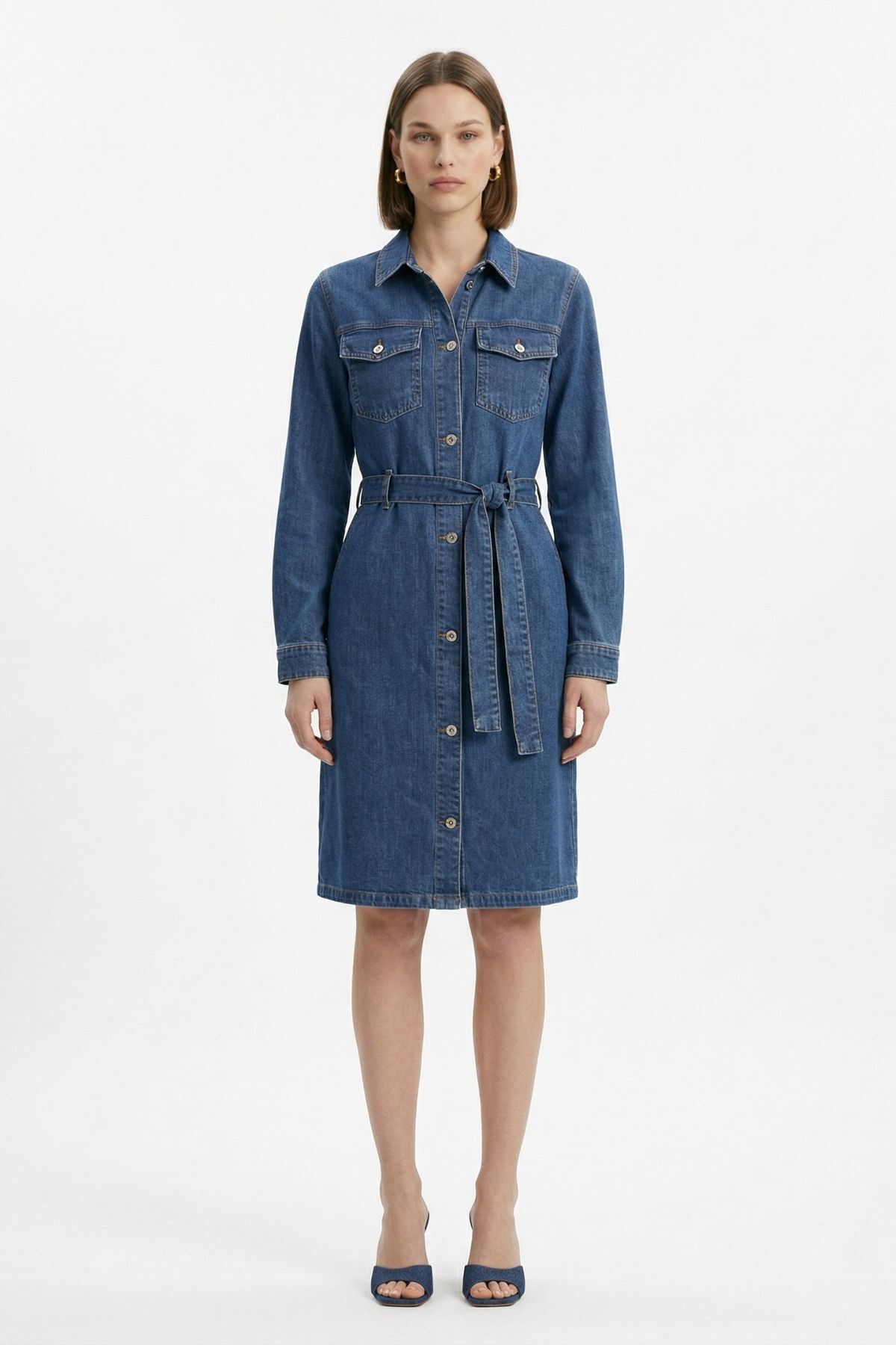 Tint Kahve Çift Cepli Düğmeli Kuşaklı Elbise 219 - 3