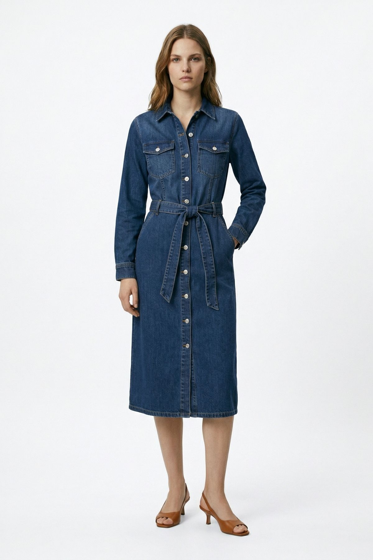 Tint Kahve Çift Cepli Düğmeli Kuşaklı Elbise 221 