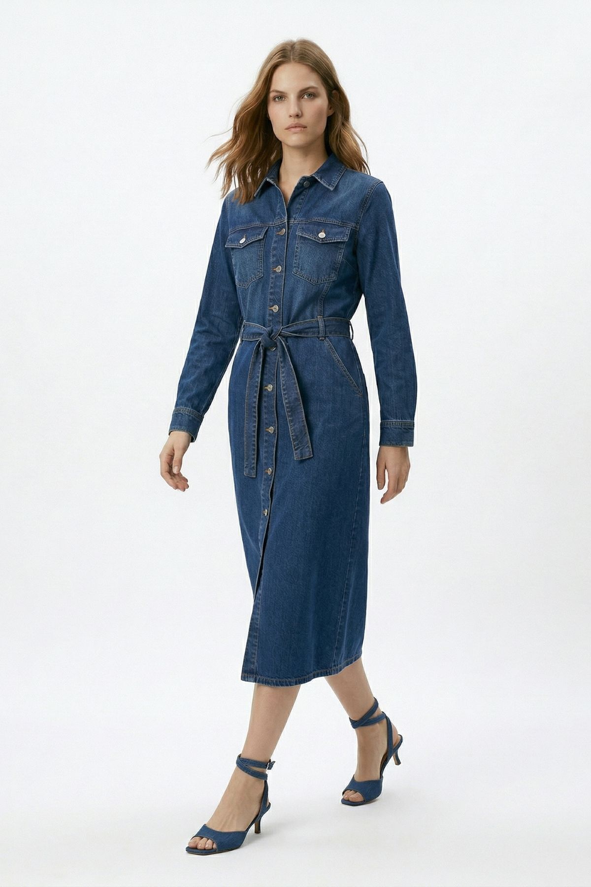 Tint Kahve Çift Cepli Düğmeli Kuşaklı Elbise 221 - 2