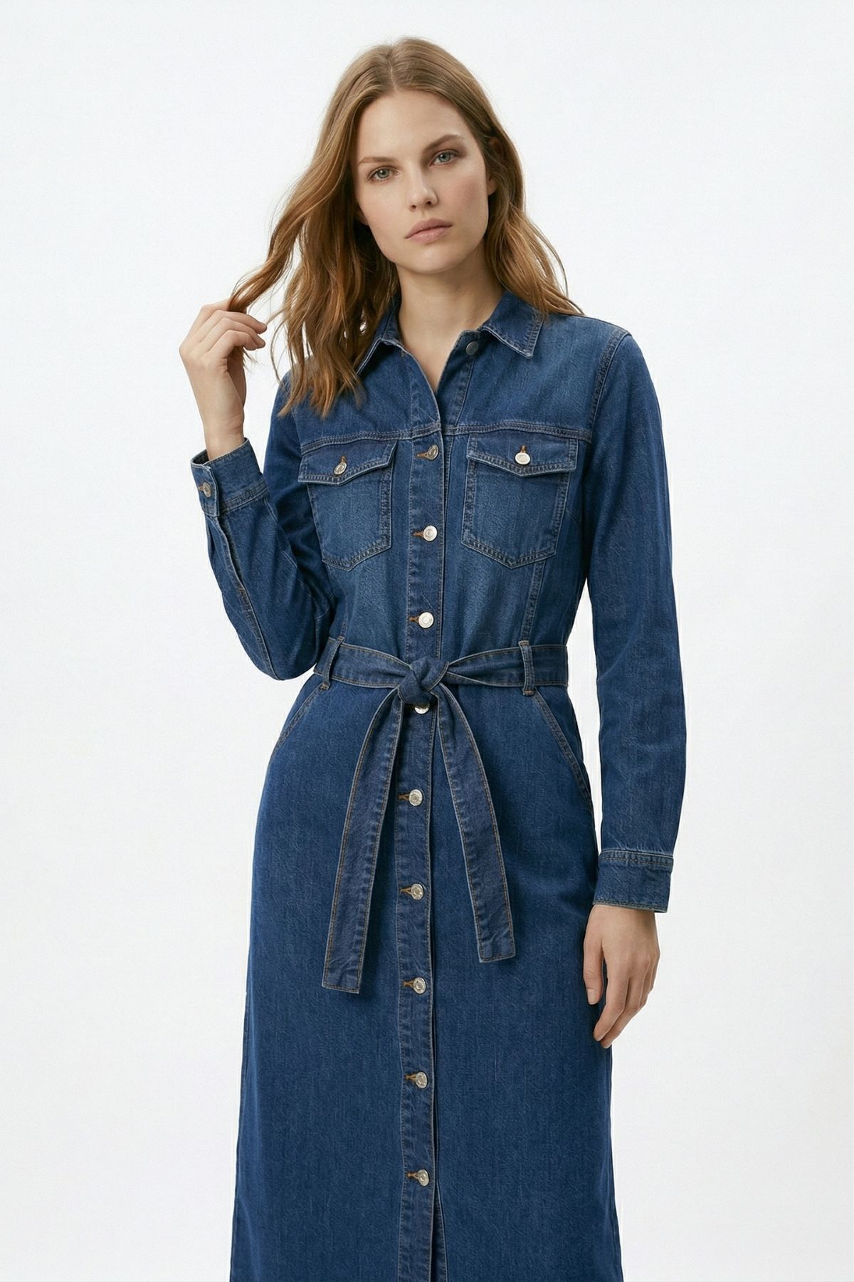 Tint Kahve Çift Cepli Düğmeli Kuşaklı Elbise 221 - 3