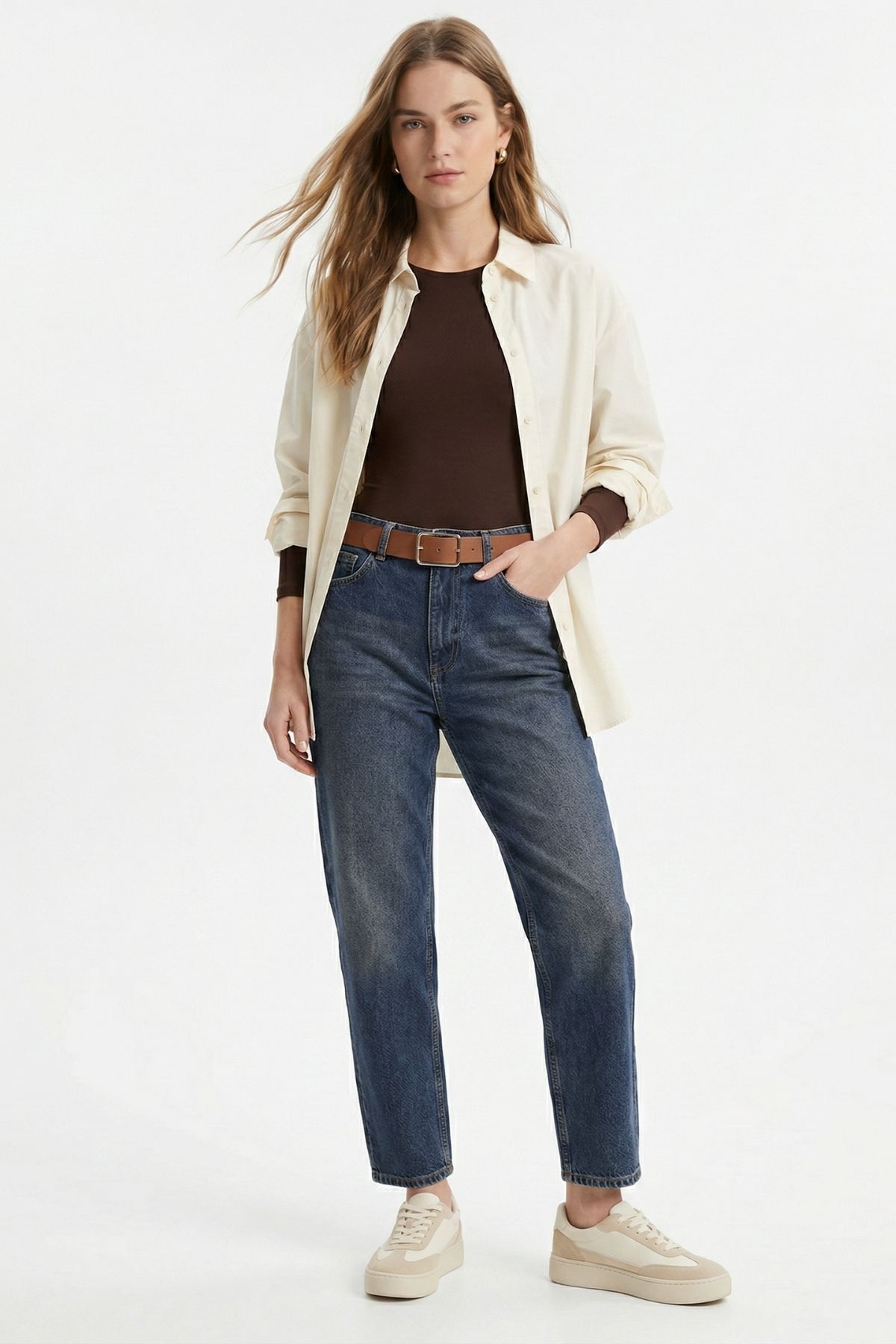 Tint Kahve Kemerli Boyfriend Jean 3154 