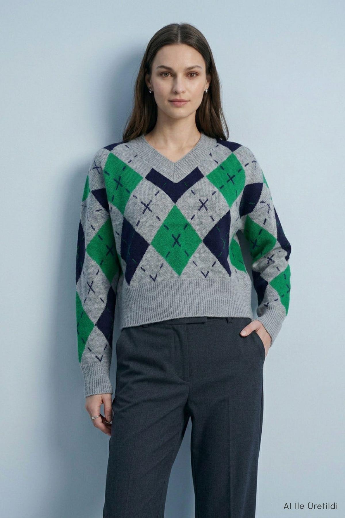 V Yaka Baklava Desenli Crop Kazak 2413 Açık Gri - 2