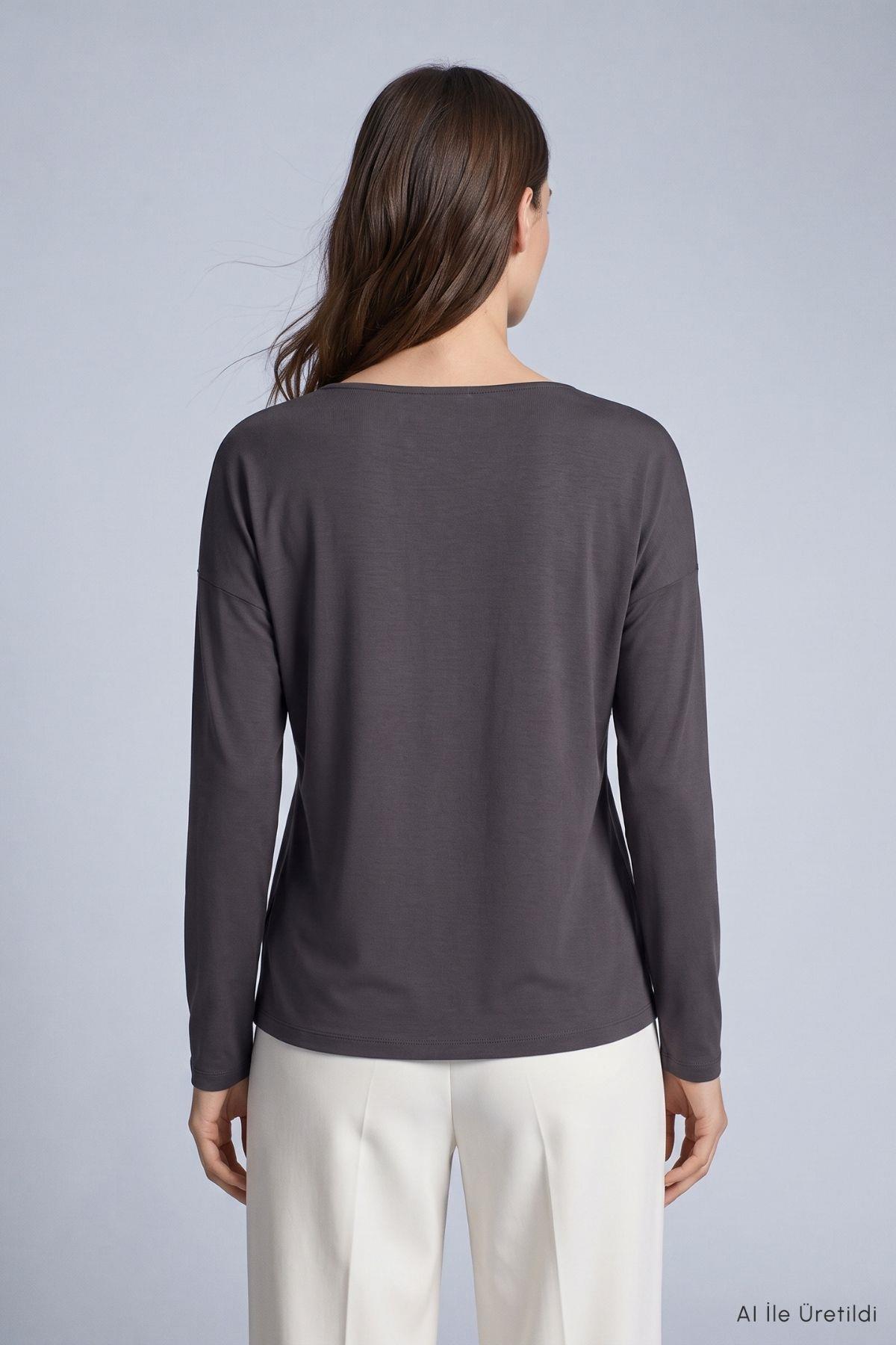 V Yaka Dantel Detay Bluz 8415A Füme - 3