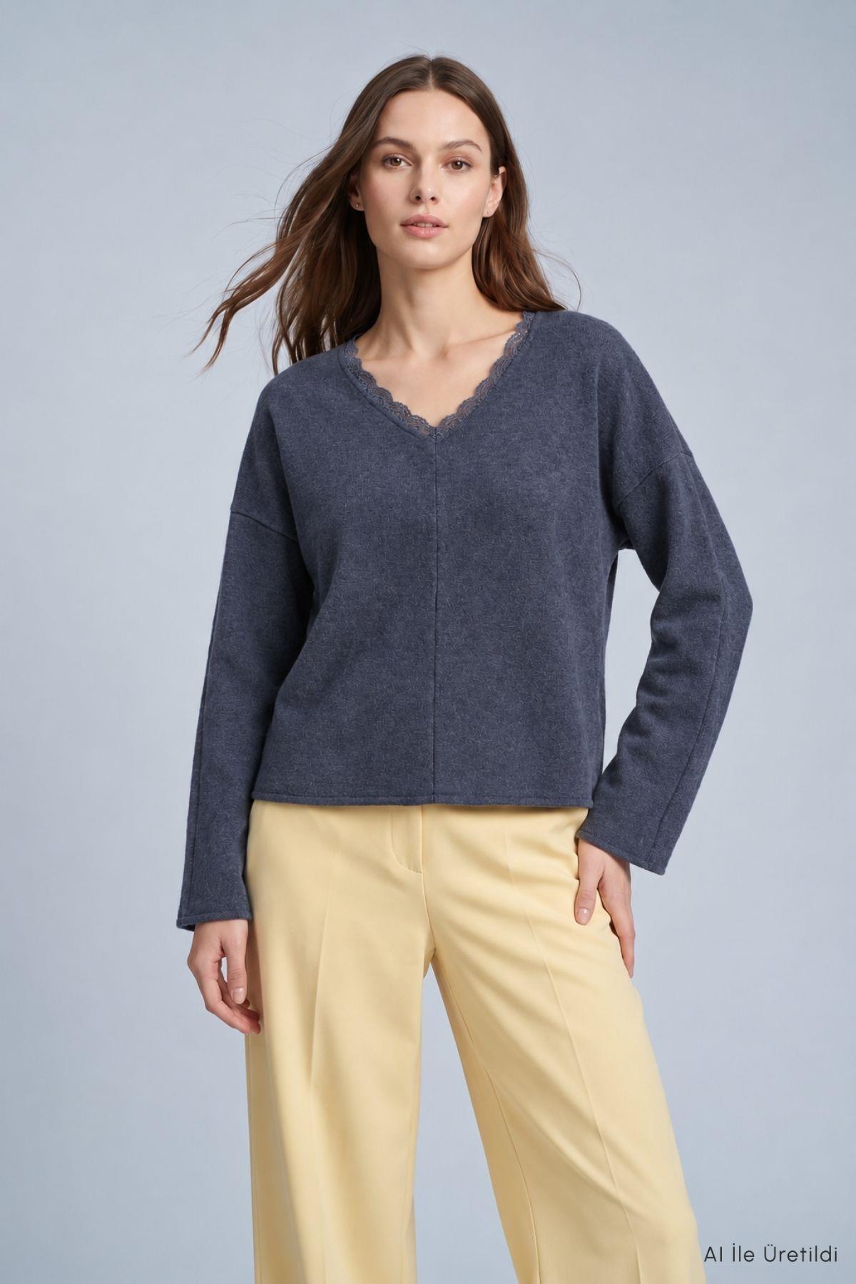 V Yaka Dantelli Selanik Kumaş Sweat 1000 Lacivert Melanj - Rays