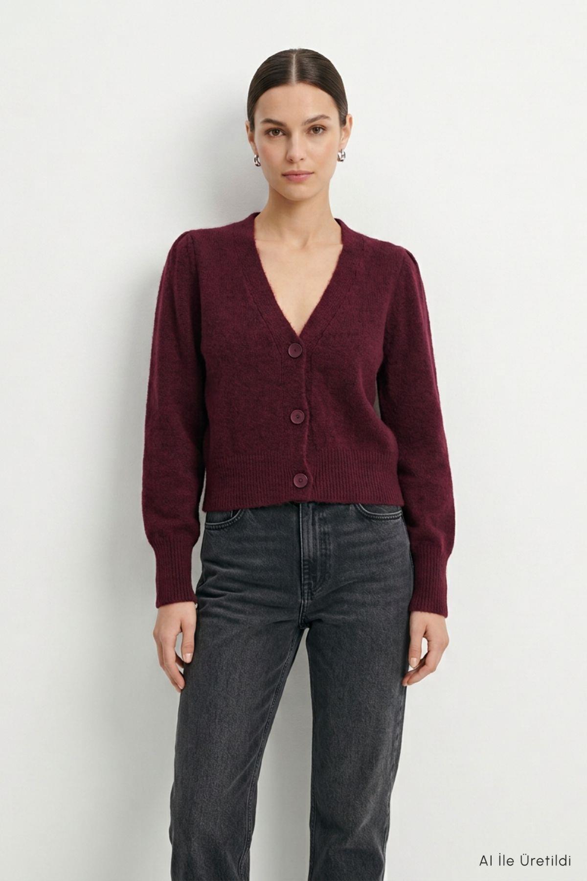 V Yaka Düğmeli Hırka 70148 Bordo - 1