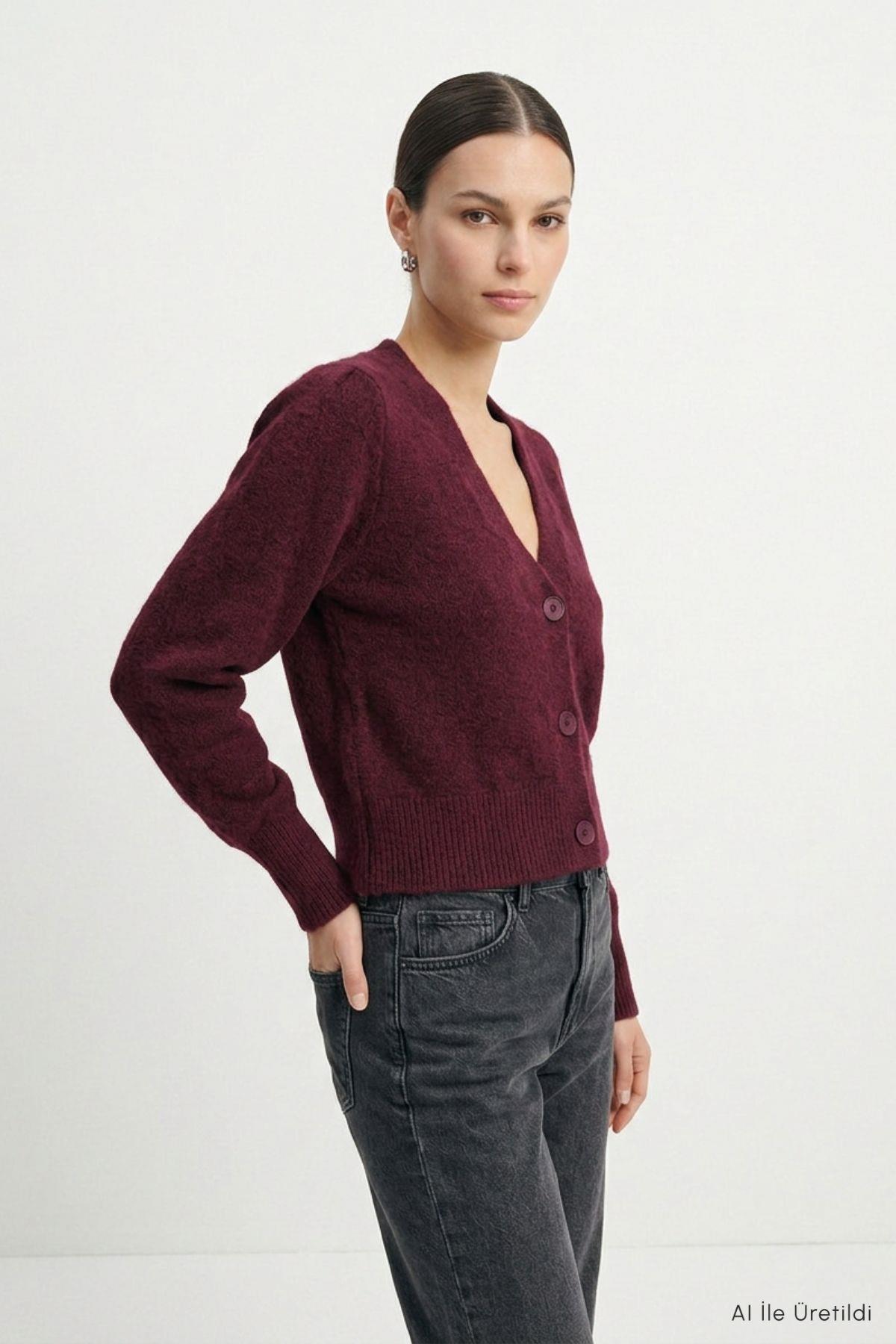 V Yaka Düğmeli Hırka 70148 Bordo - RAYS (1)