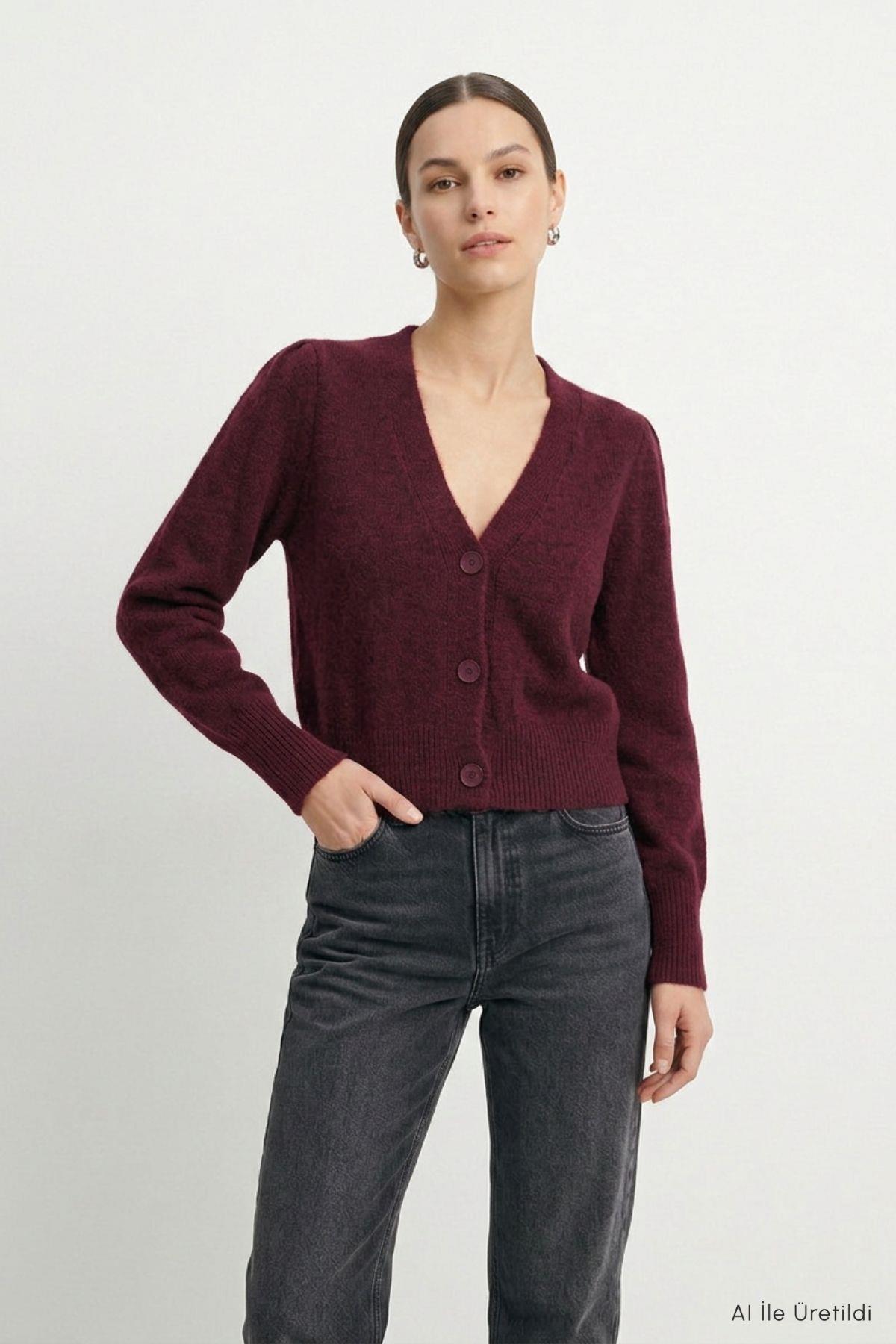 V Yaka Düğmeli Hırka 70148 Bordo - 3