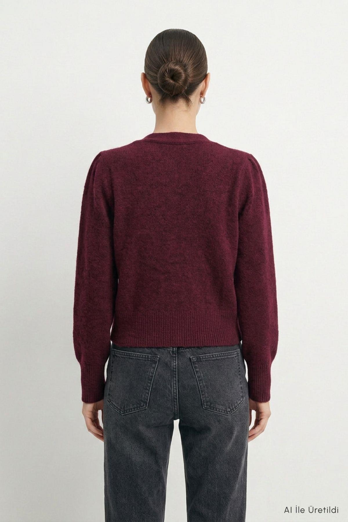 V Yaka Düğmeli Hırka 70148 Bordo - 4