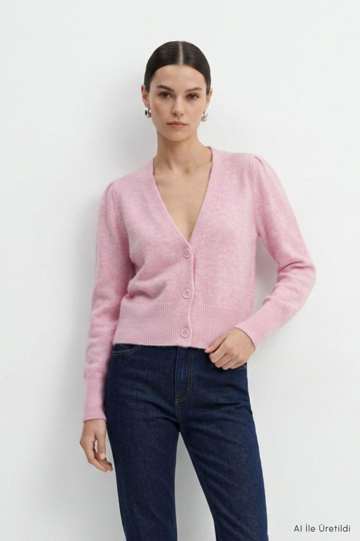 V Yaka Düğmeli Hırka 70148 Pembe - RAYS