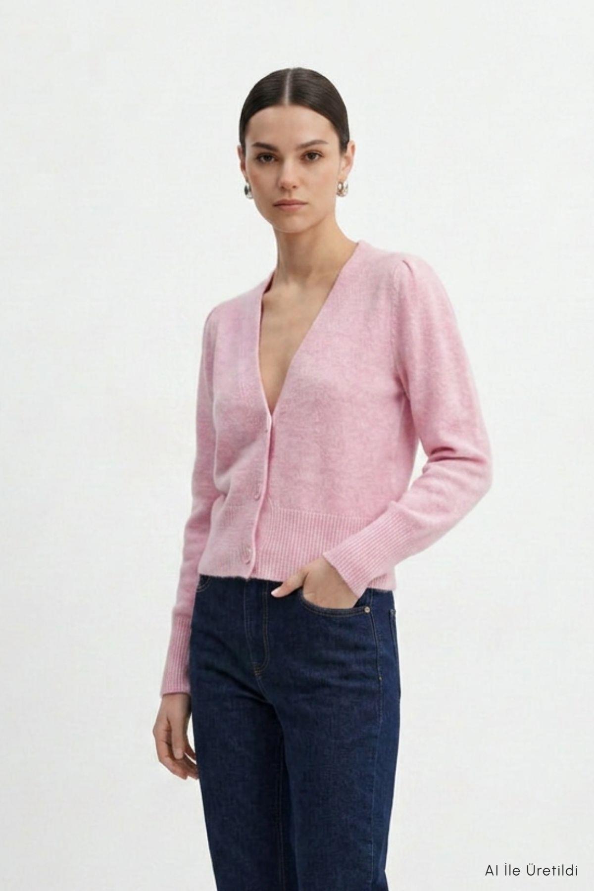 V Yaka Düğmeli Hırka 70148 Pembe - RAYS (1)