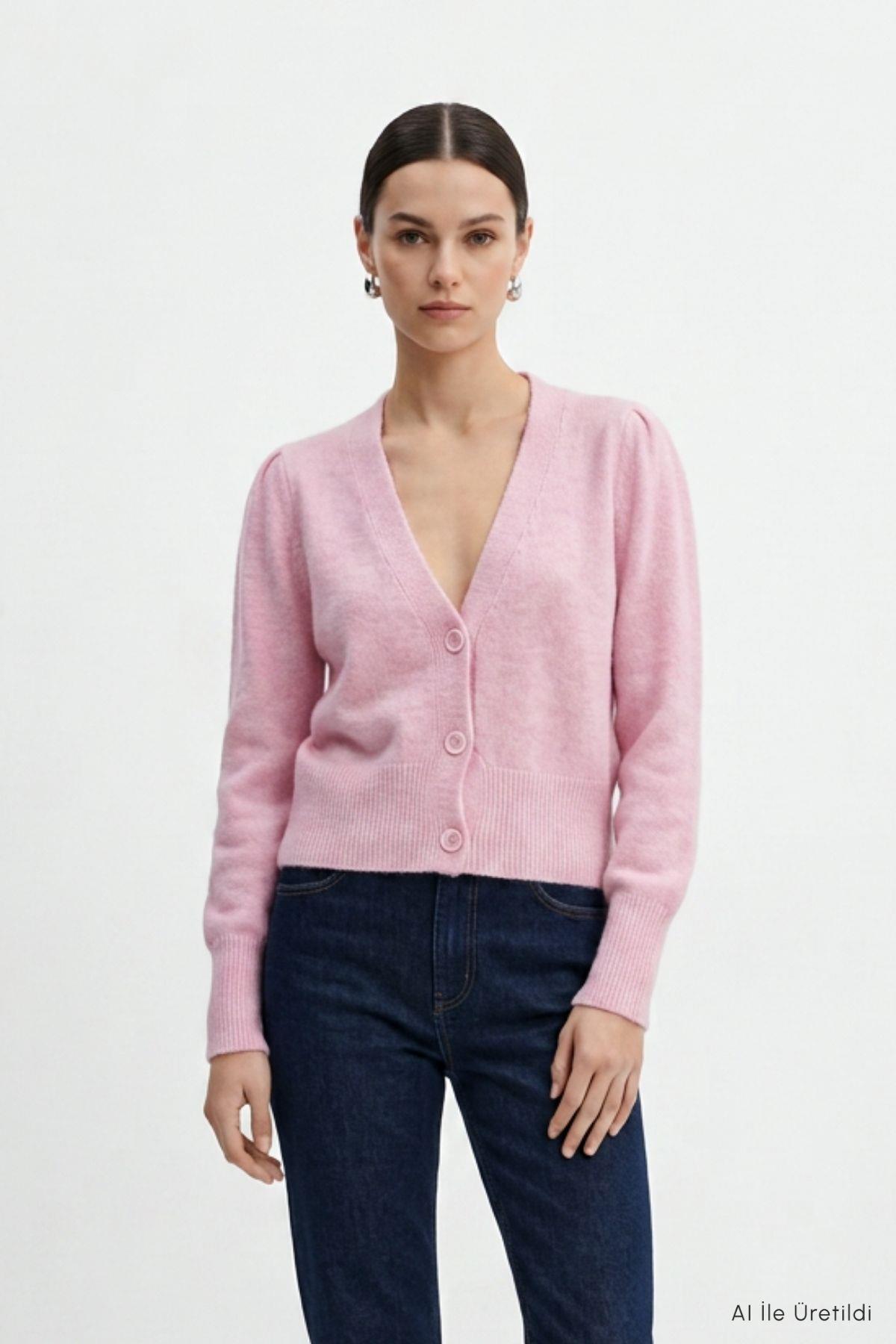 V Yaka Düğmeli Hırka 70148 Pembe - 3