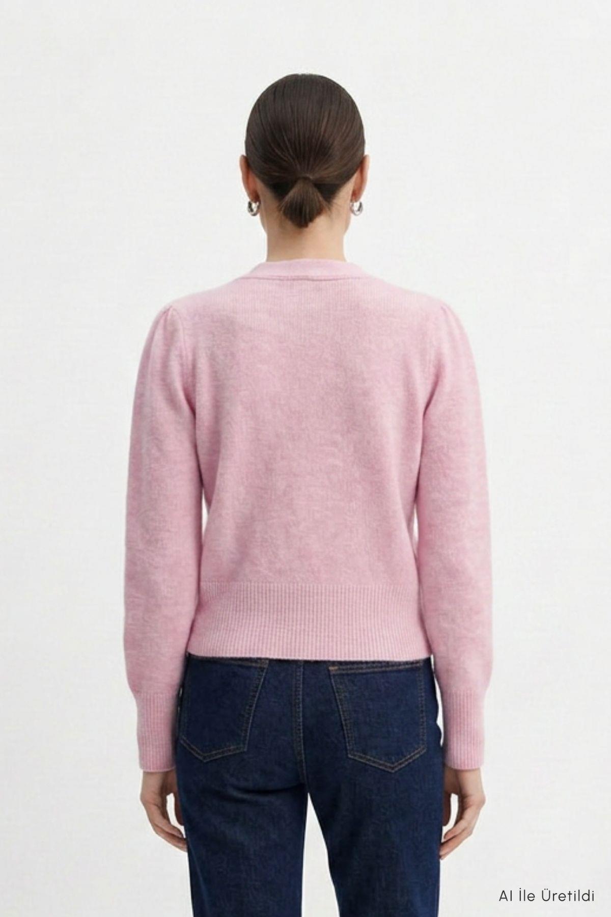 V Yaka Düğmeli Hırka 70148 Pembe - RAYS