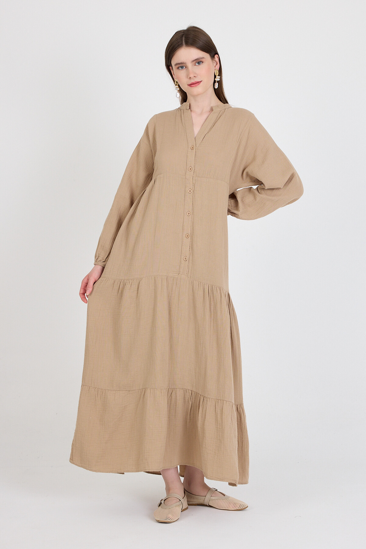 Vizon %100 Pamuk Düğmeli Kat Etekli Uzun Kollu Elbise 4782A - RAYS