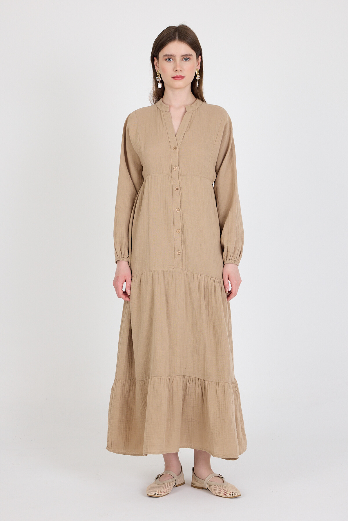 Vizon %100 Pamuk Düğmeli Kat Etekli Uzun Kollu Elbise 4782A - 2