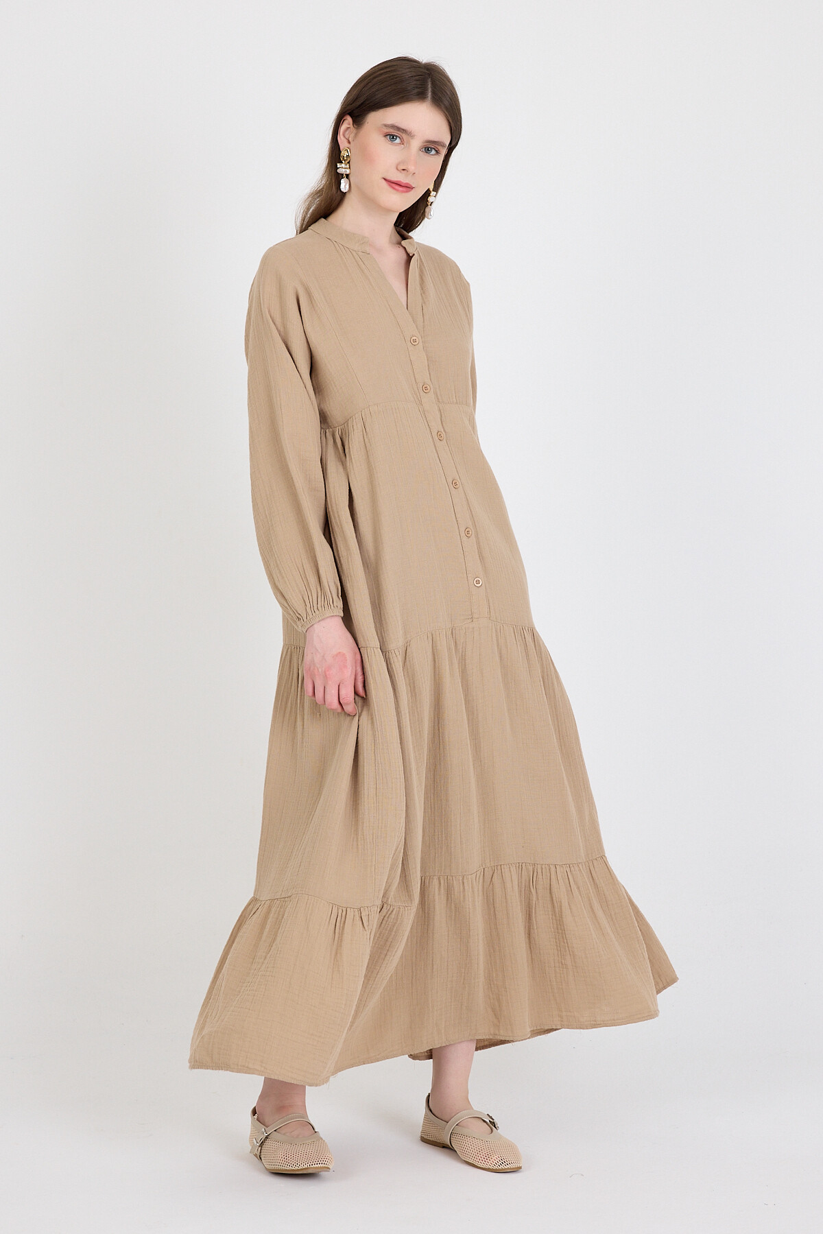 Vizon %100 Pamuk Düğmeli Kat Etekli Uzun Kollu Elbise 4782A - 3
