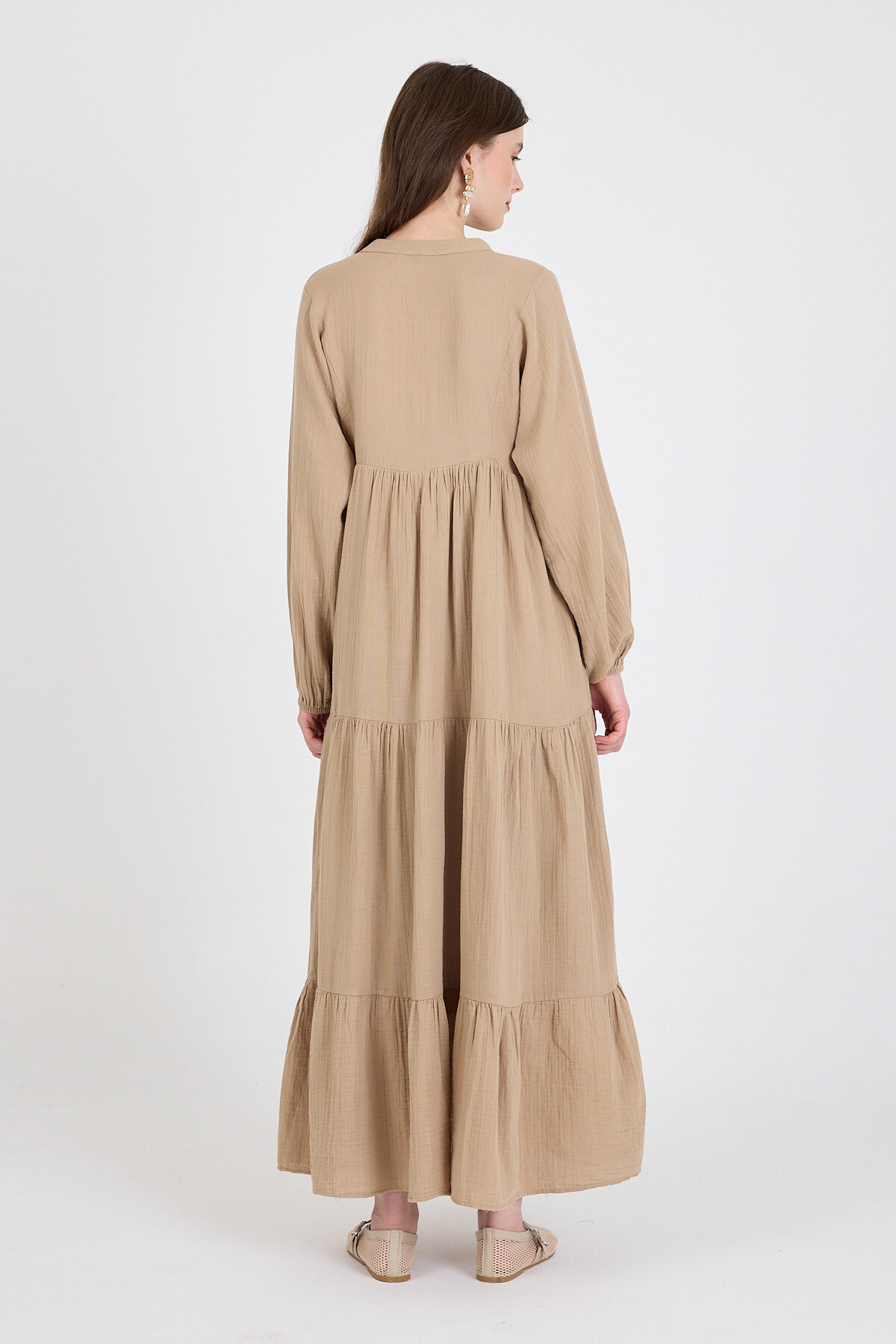 Vizon %100 Pamuk Düğmeli Kat Etekli Uzun Kollu Elbise 4782A - 5