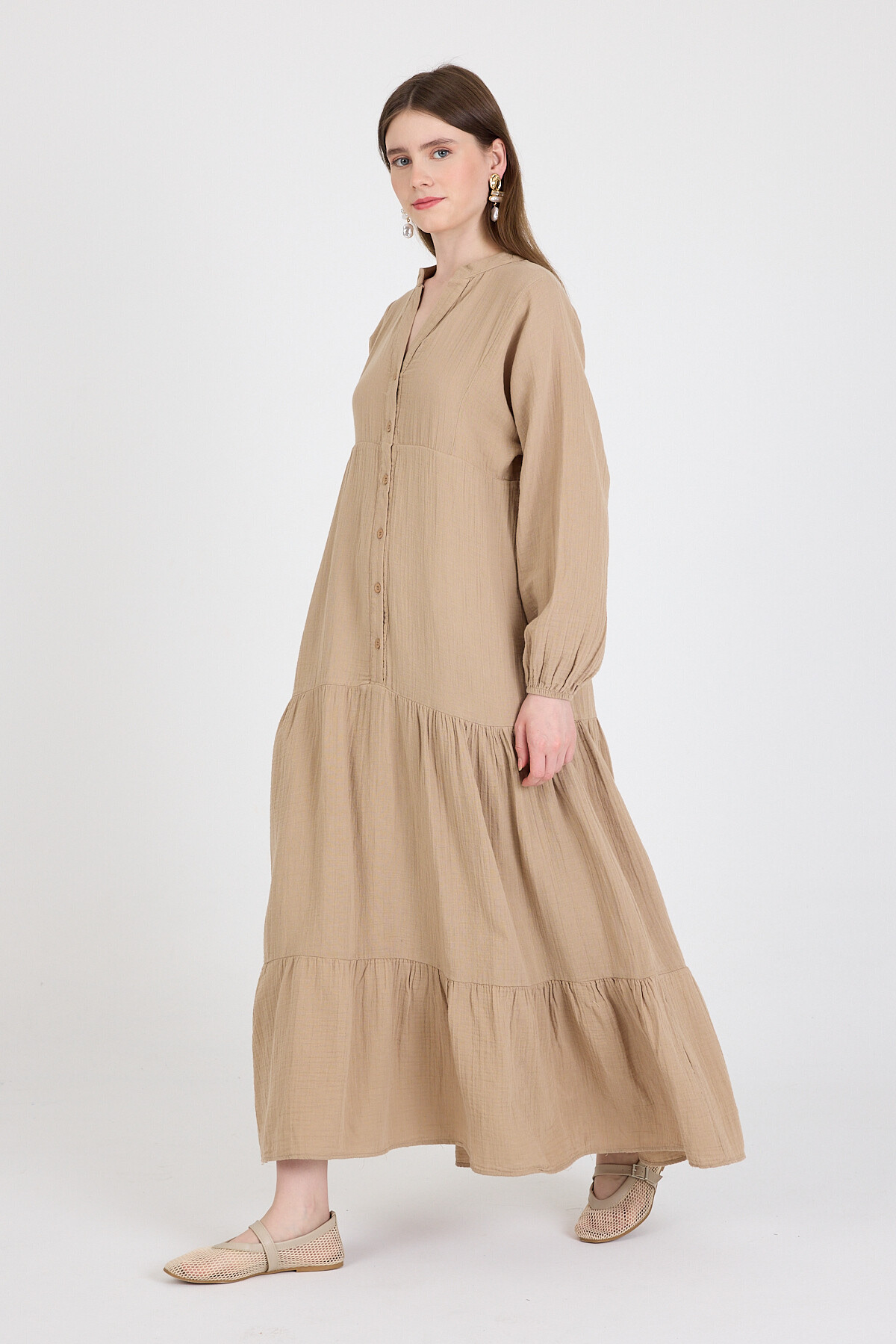 Vizon %100 Pamuk Düğmeli Kat Etekli Uzun Kollu Elbise 4782A - 6