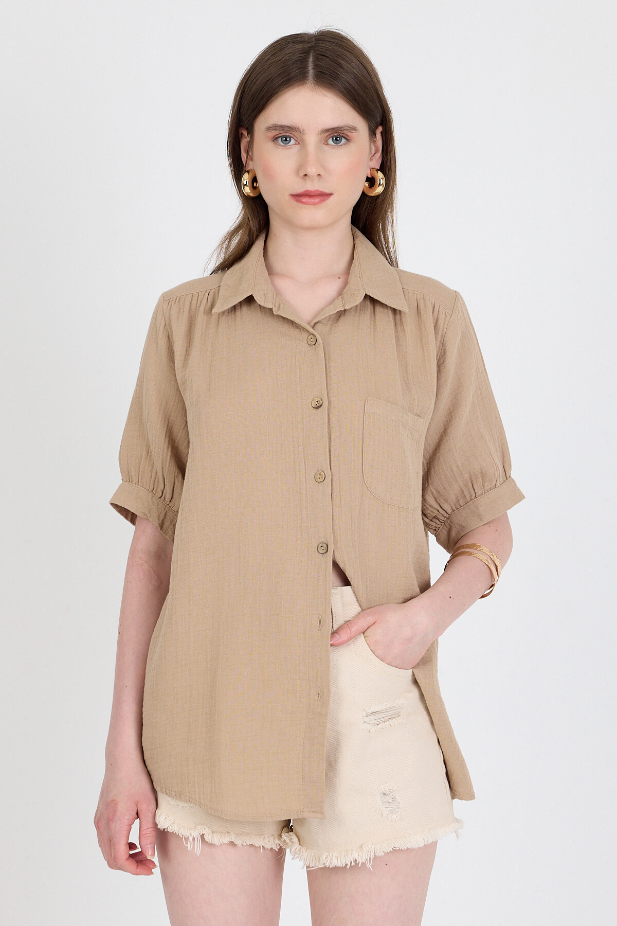 Vizon %100 Pamuk Kısa Kollu Cepli Gömlek 4787A 