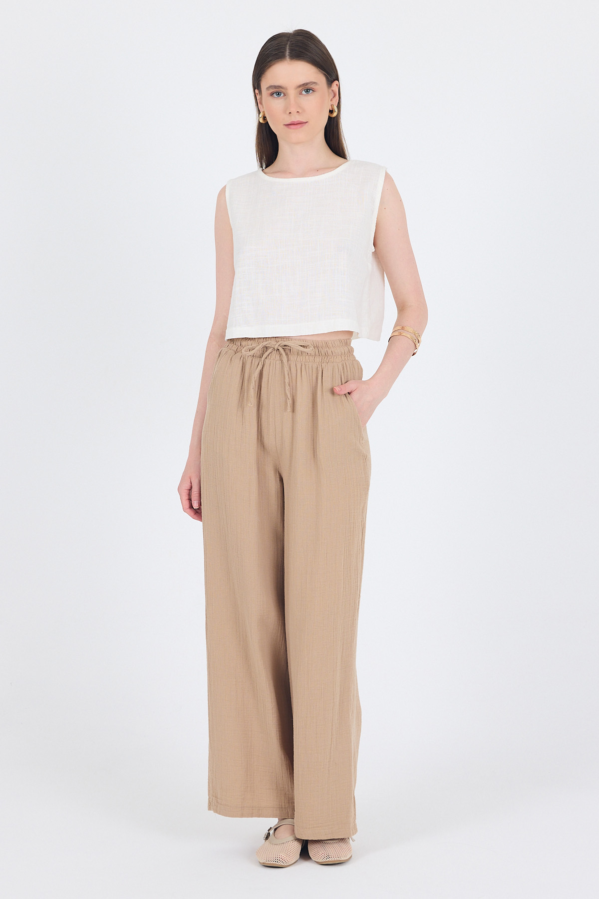 Vizon %100 Pamuk Müslin Palazzo/Bol Paça Pantolon 8056A - RAYS