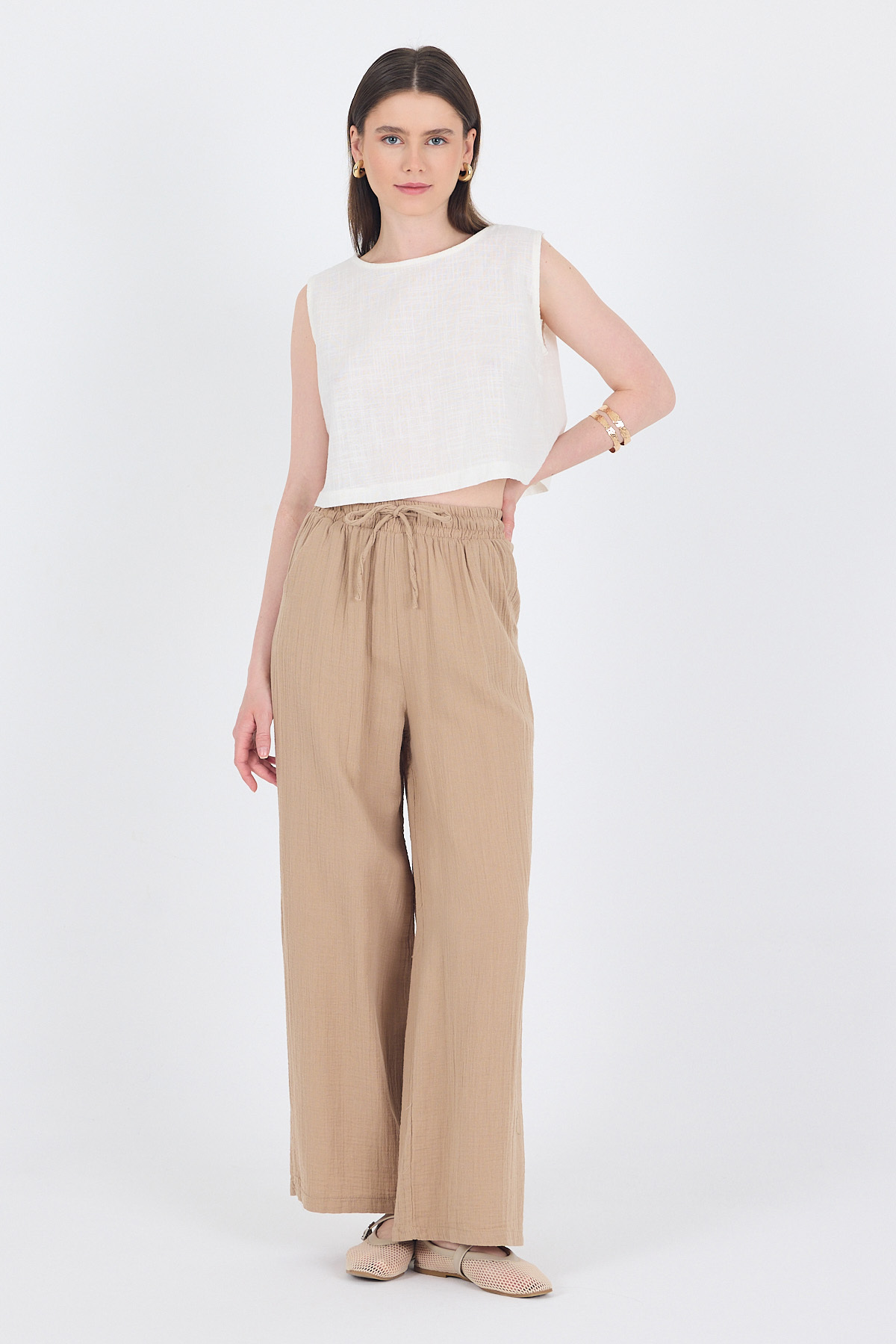 Vizon %100 Pamuk Müslin Palazzo/Bol Paça Pantolon 8056A - 1