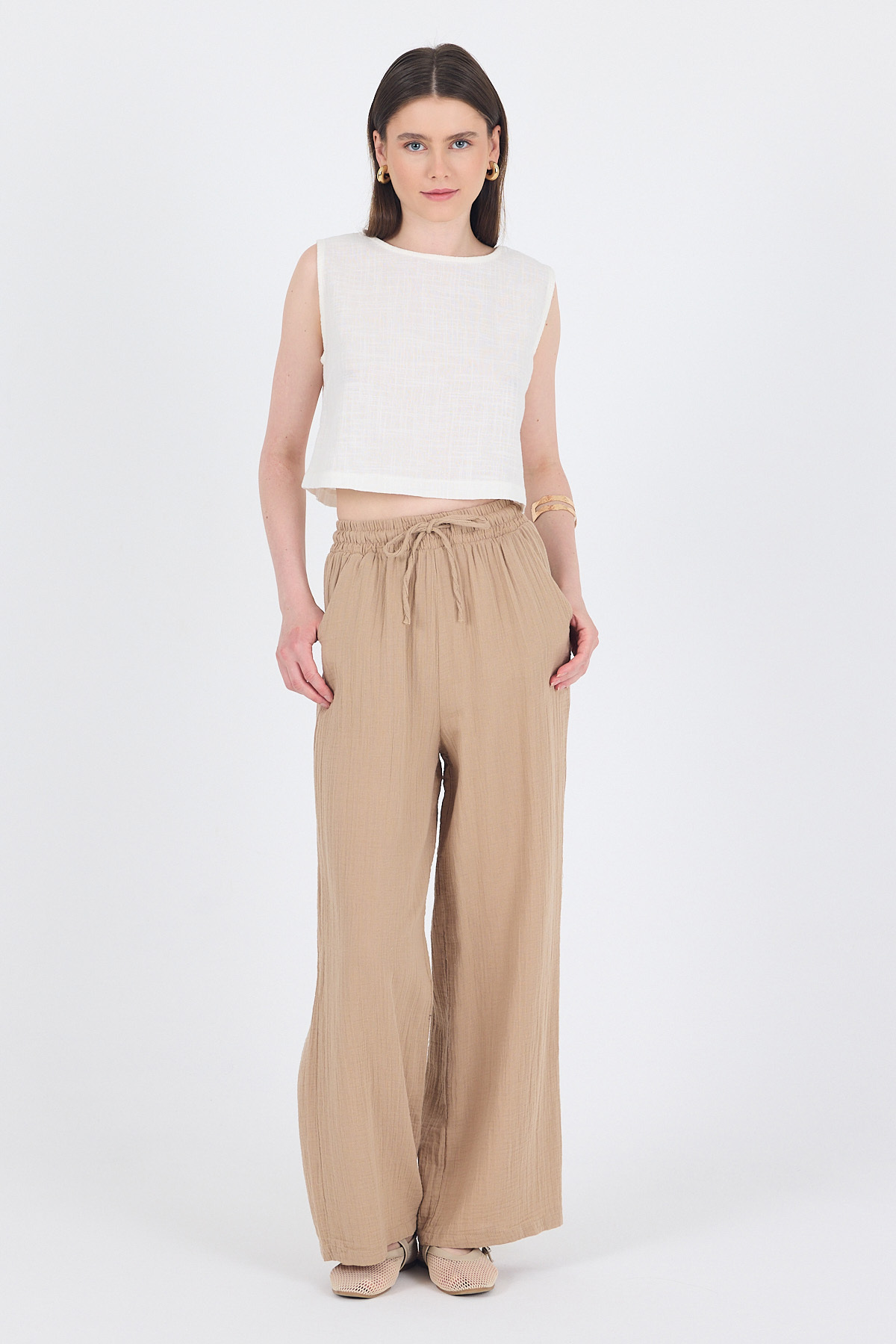 Vizon %100 Pamuk Müslin Palazzo/Bol Paça Pantolon 8056A - 3