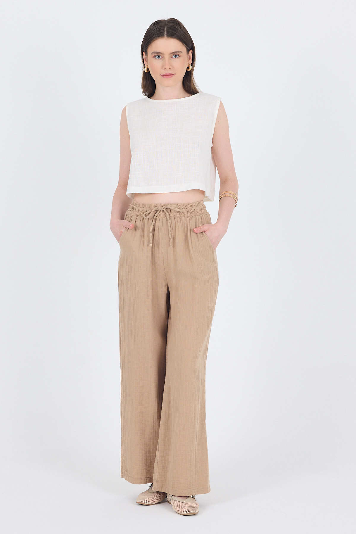 Vizon %100 Pamuk Müslin Palazzo/Bol Paça Pantolon 8056A - 7