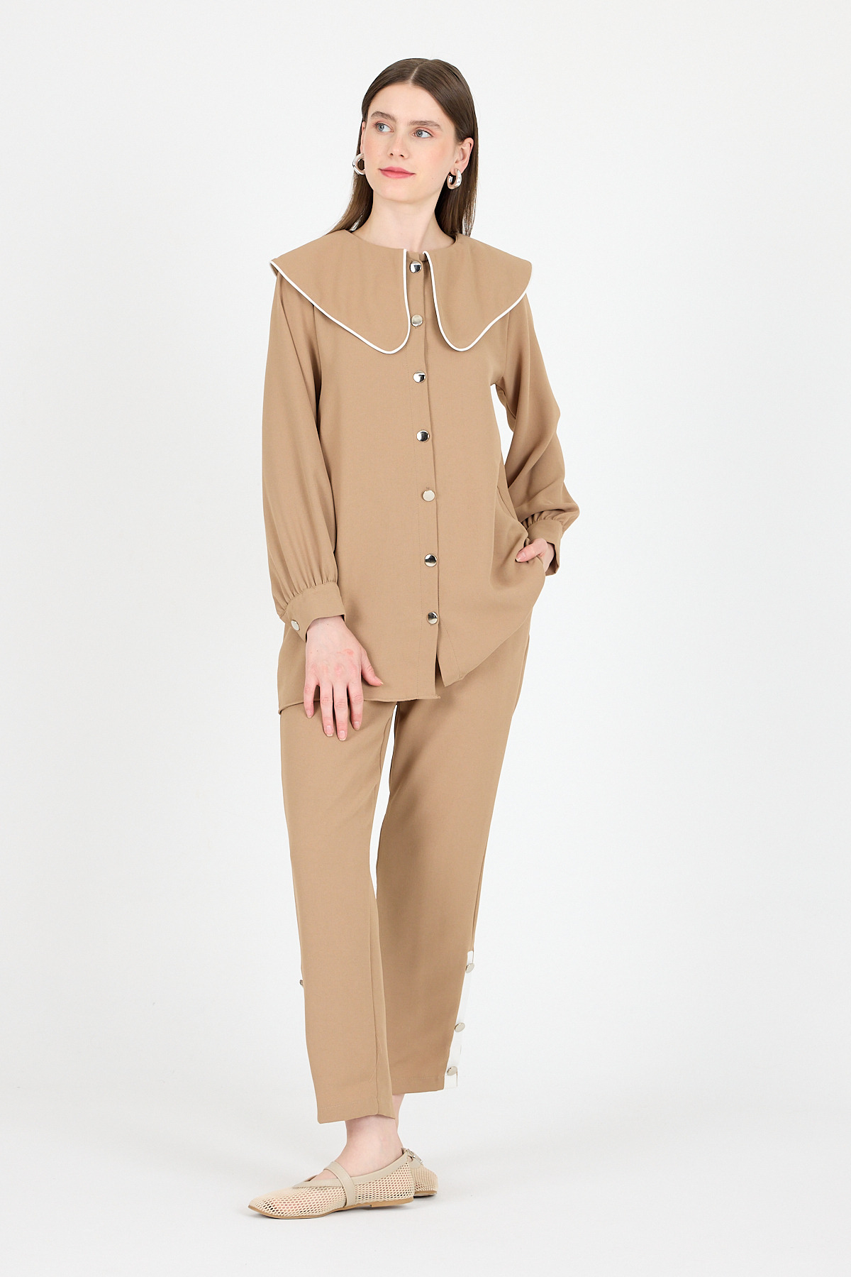 Vizon Bebe Yaka Düğmeli Tunik ve Yanı Şerit Detaylı Pantolon Takım 4661A - 7