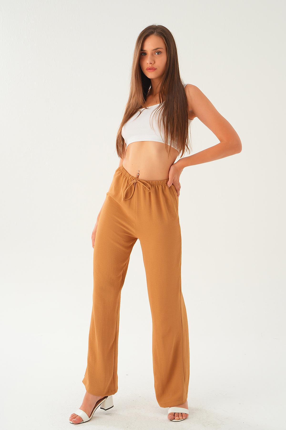 Vizon Beli Lastikli Bol Paça Dokuma Pantolon 4284-1 - 1