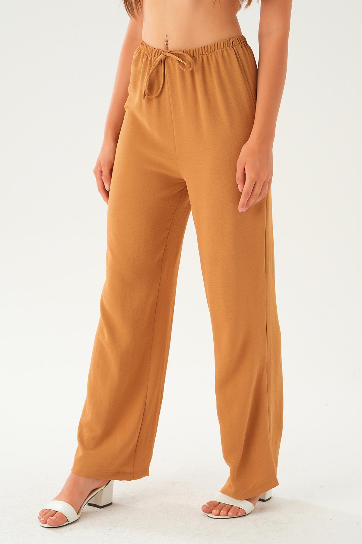 Vizon Beli Lastikli Bol Paça Dokuma Pantolon 4284-1 - 2