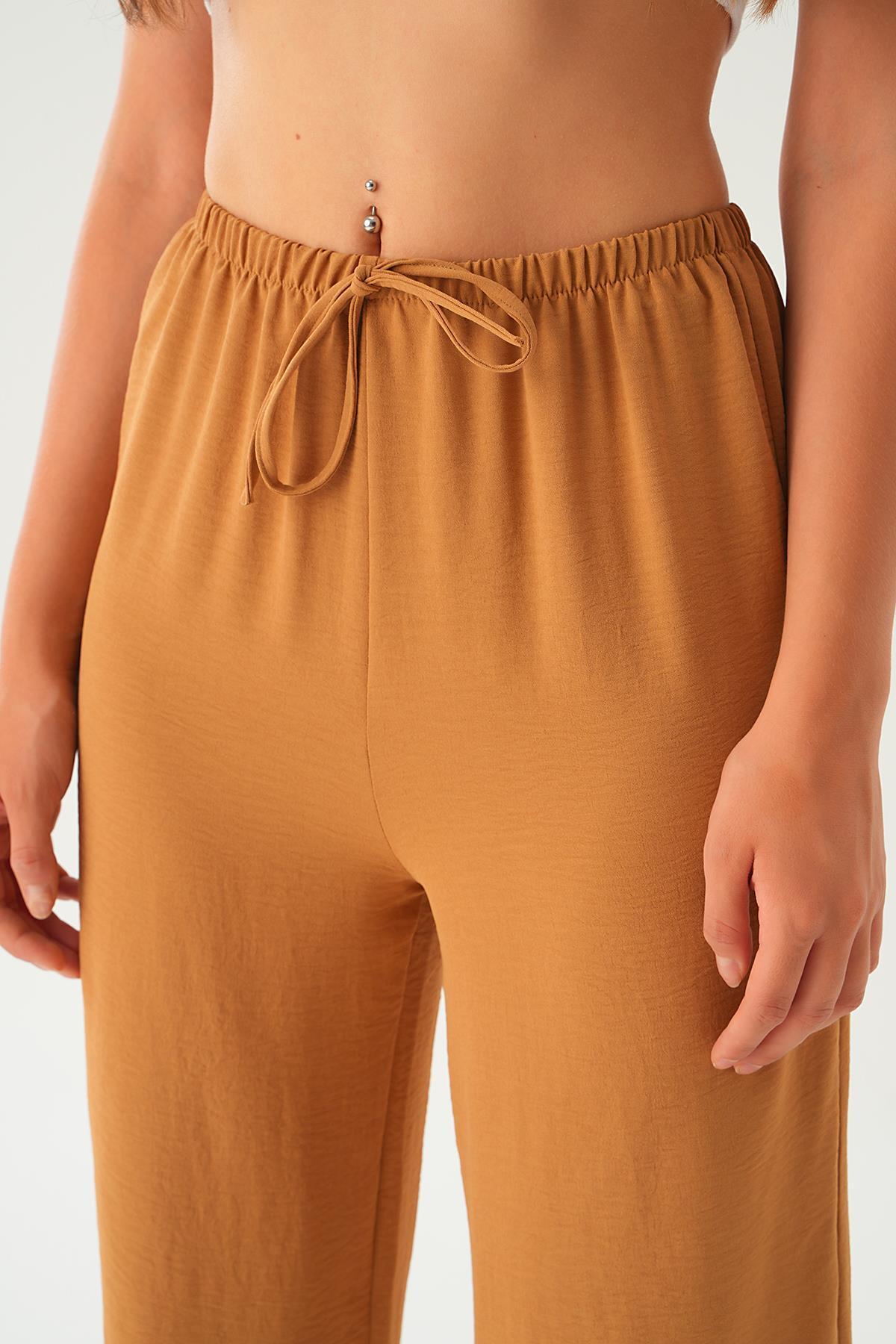 Vizon Beli Lastikli Bol Paça Dokuma Pantolon 4284-1 - 5