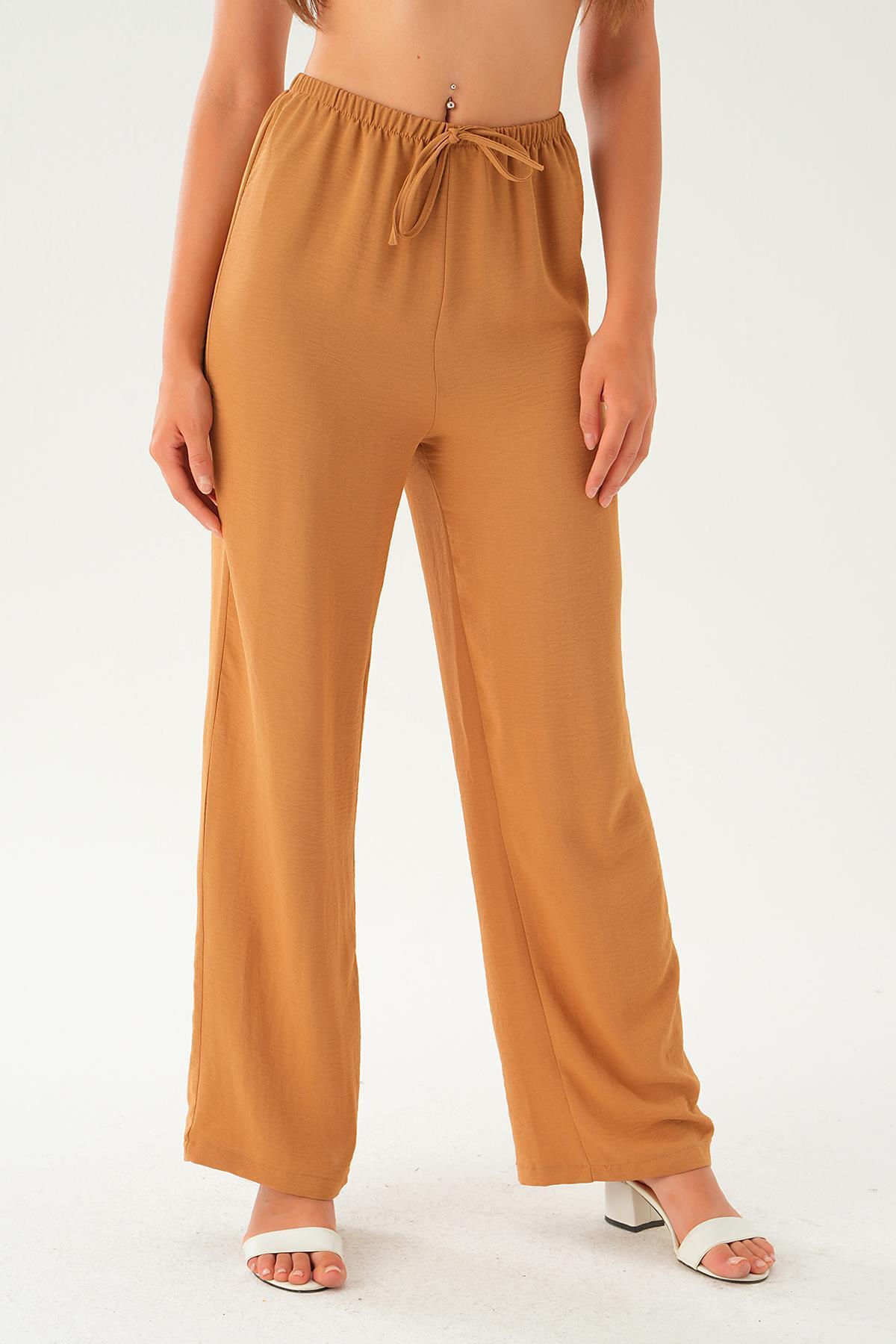 Vizon Beli Lastikli Bol Paça Dokuma Pantolon 4284-1 - 3