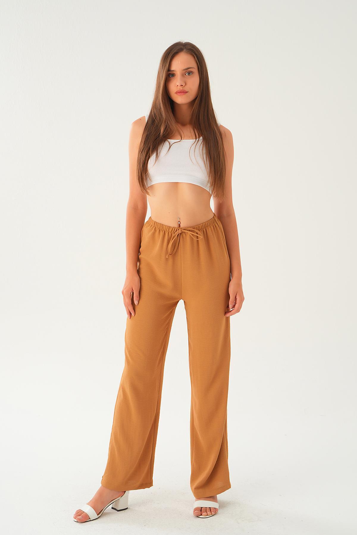 Vizon Beli Lastikli Bol Paça Dokuma Pantolon 4284-1 - 6