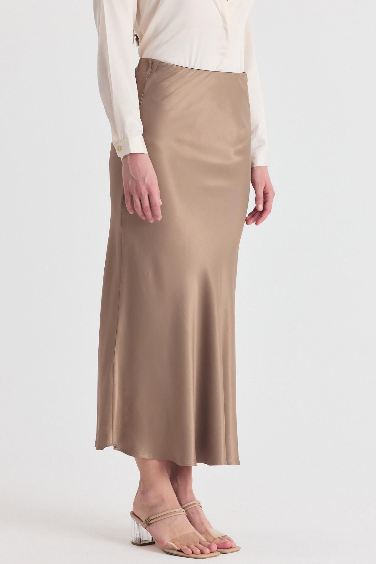 Vizon Beli Lastikli Saten Midi Etek 9427 - 2