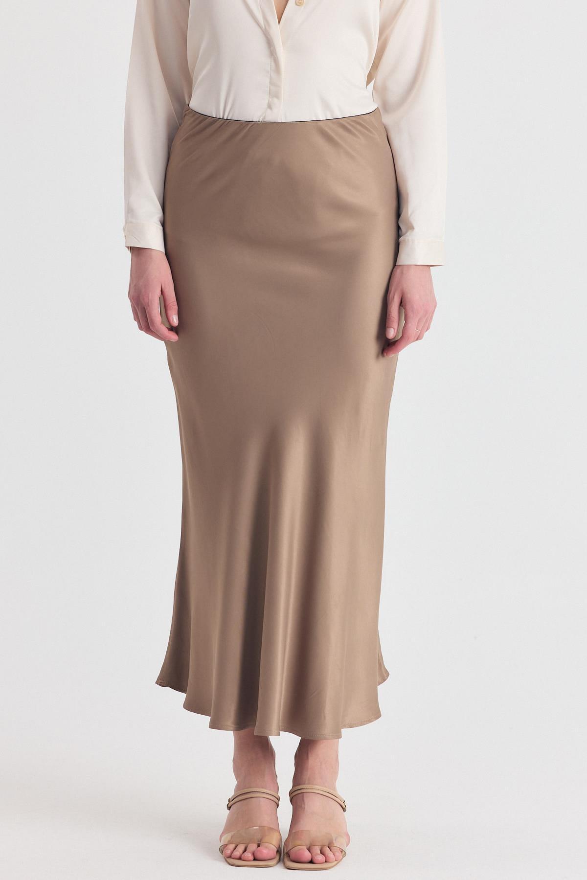 Vizon Beli Lastikli Saten Midi Etek 9427 - 3