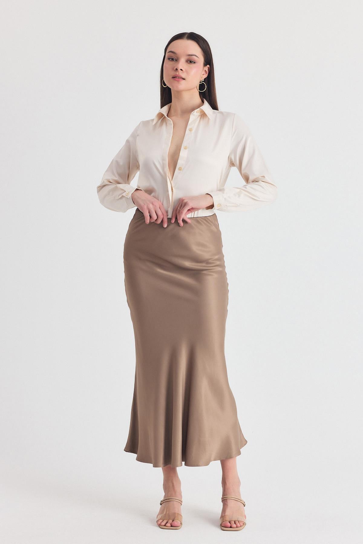 Vizon Beli Lastikli Saten Midi Etek 9427 - 4