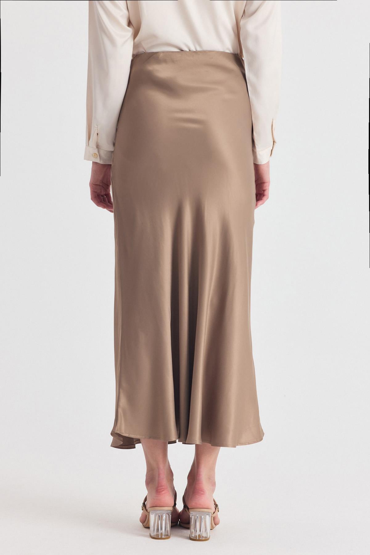 Vizon Beli Lastikli Saten Midi Etek 9427 - 5