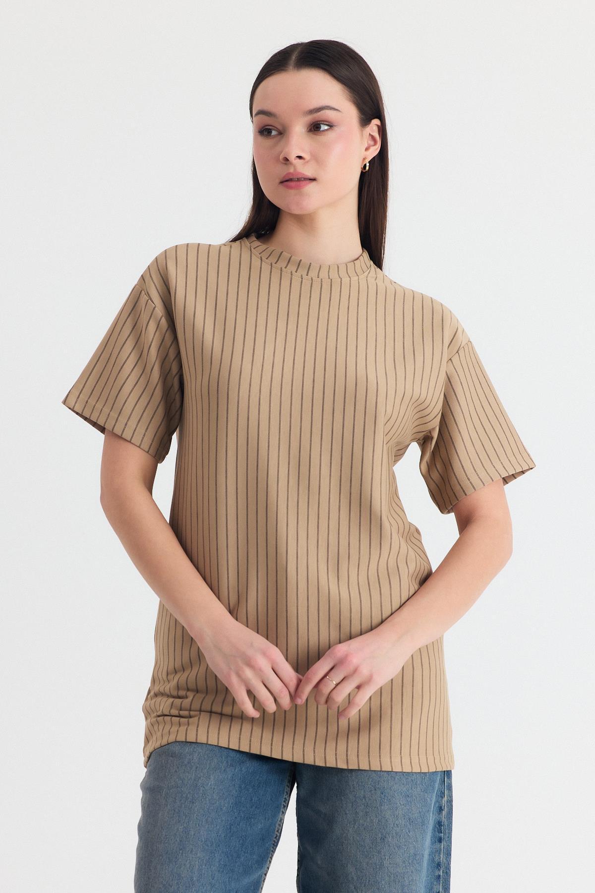 Vizon Çizgili Oversize Tişört 4447A - 3