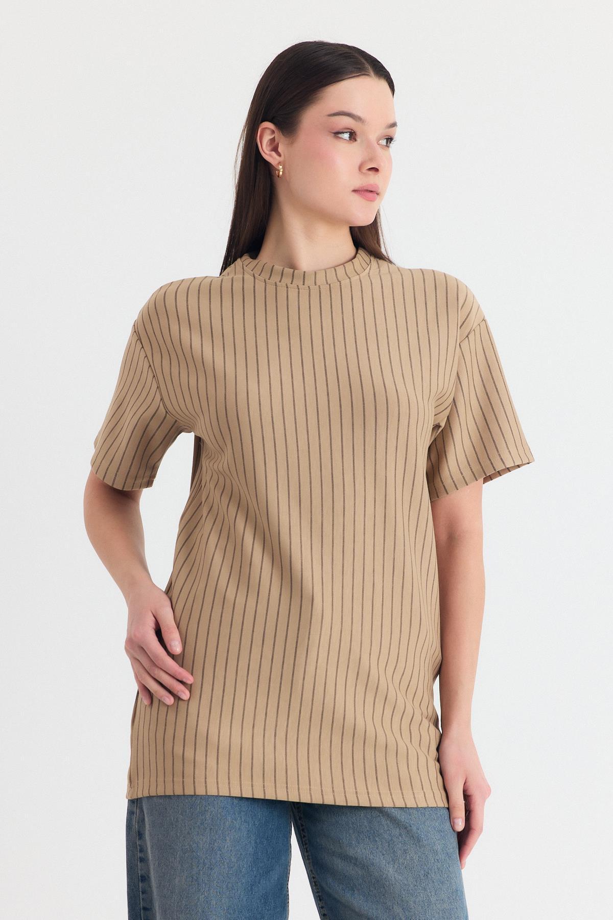 Vizon Çizgili Oversize Tişört 4447A - 1