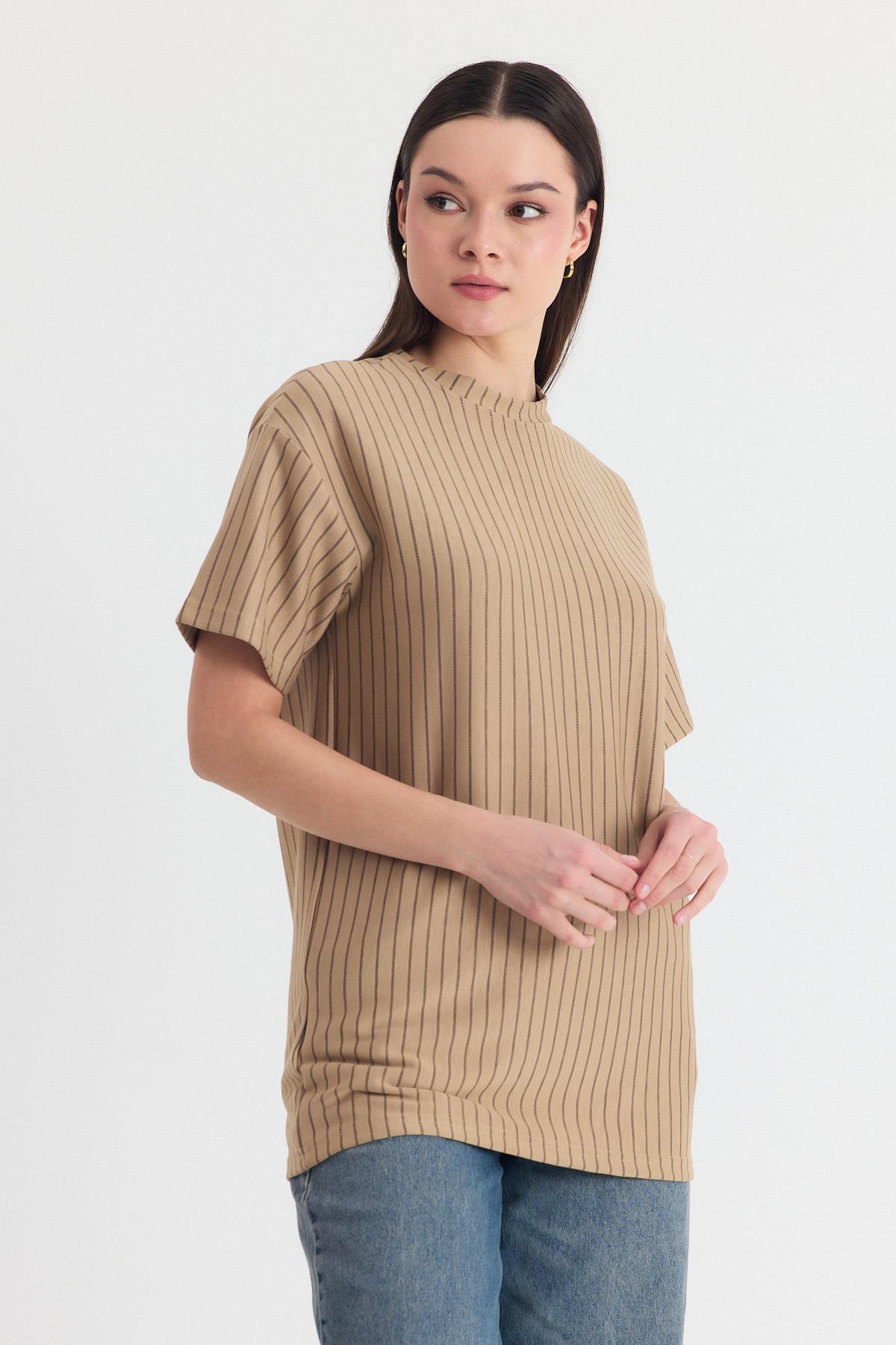 Vizon Çizgili Oversize Tişört 4447A - 7