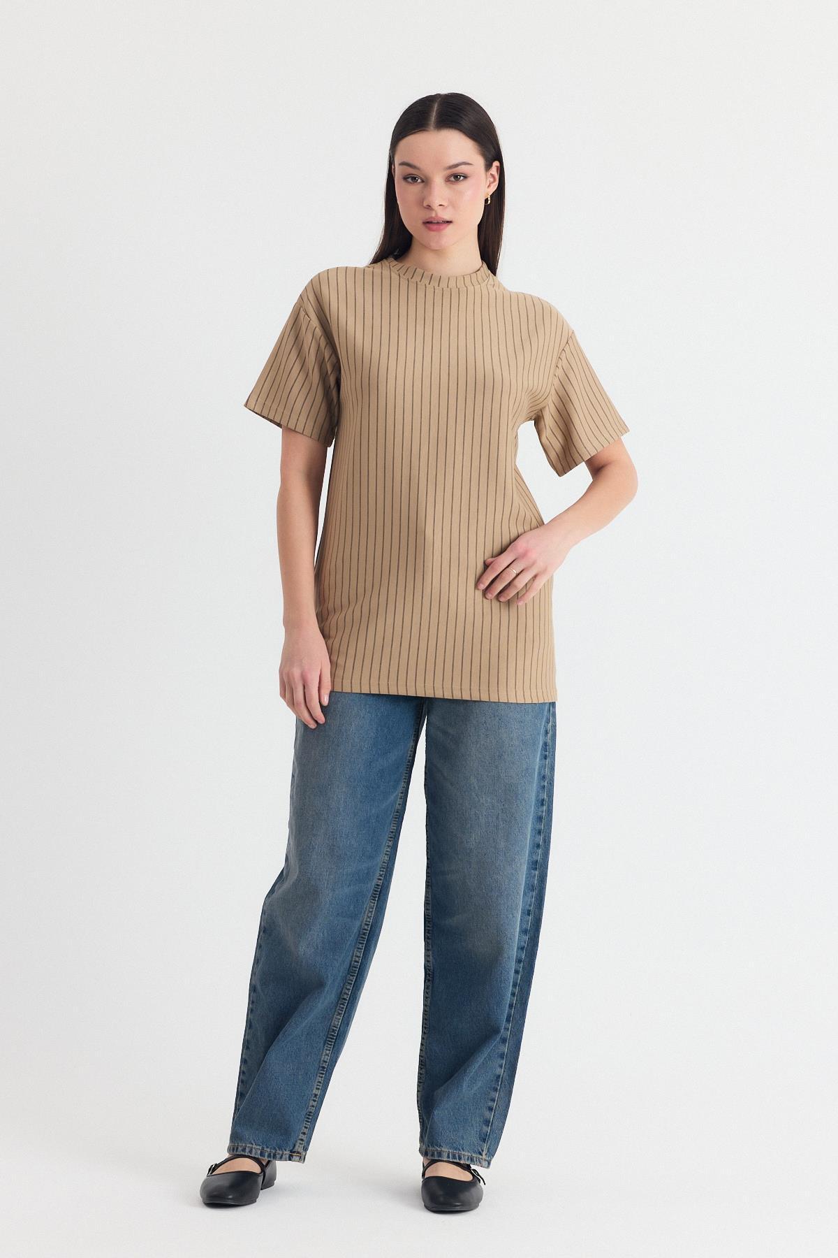 Vizon Çizgili Oversize Tişört 4447A - 8