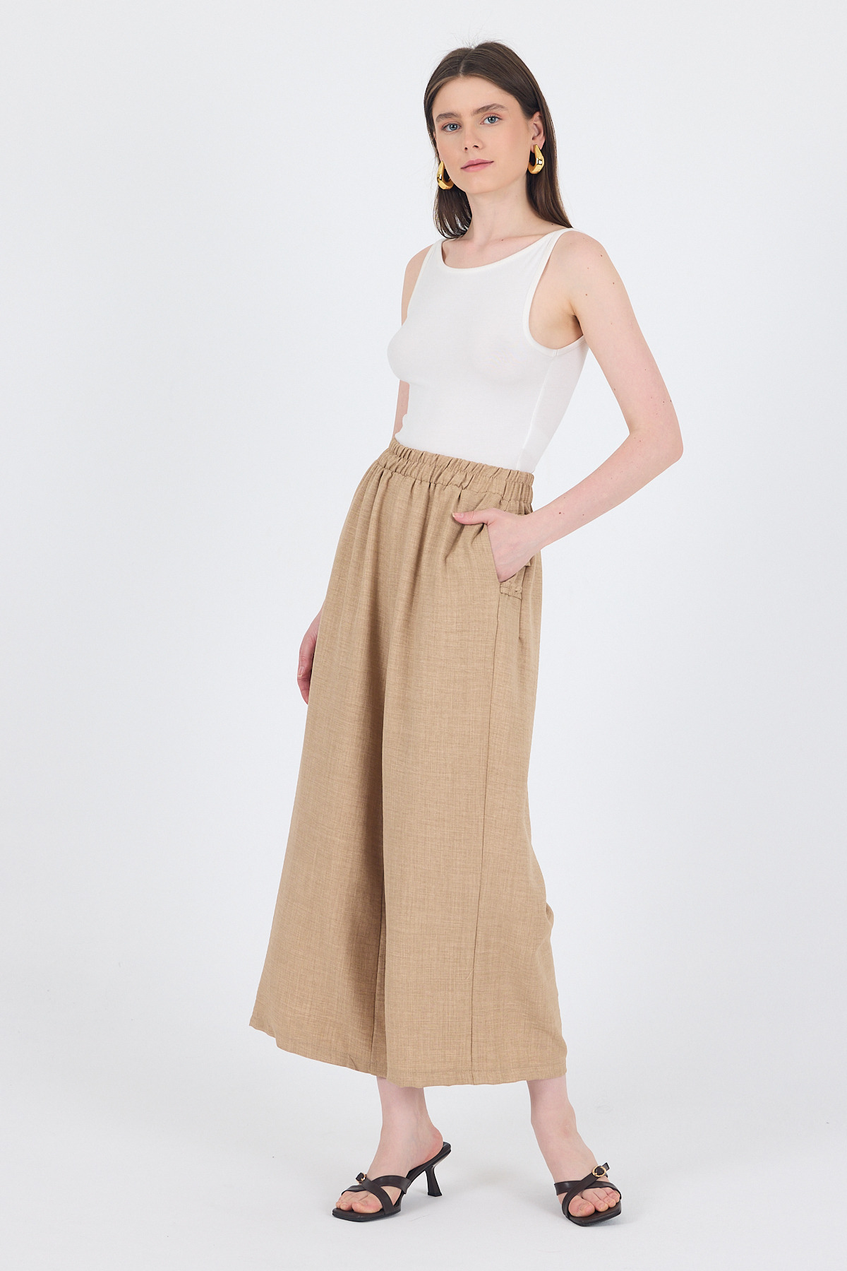 Vizon Keten Dokulu Pamuklu Yan Detaylı Bol Paça Pantolon 4820A 