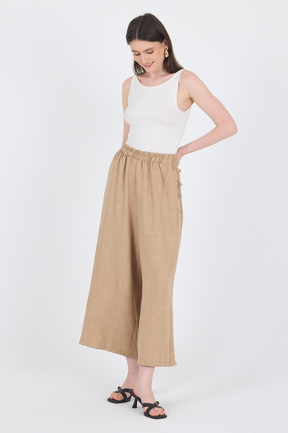 Vizon Keten Dokulu Pamuklu Yan Detaylı Bol Paça Pantolon 4820A - RAYS