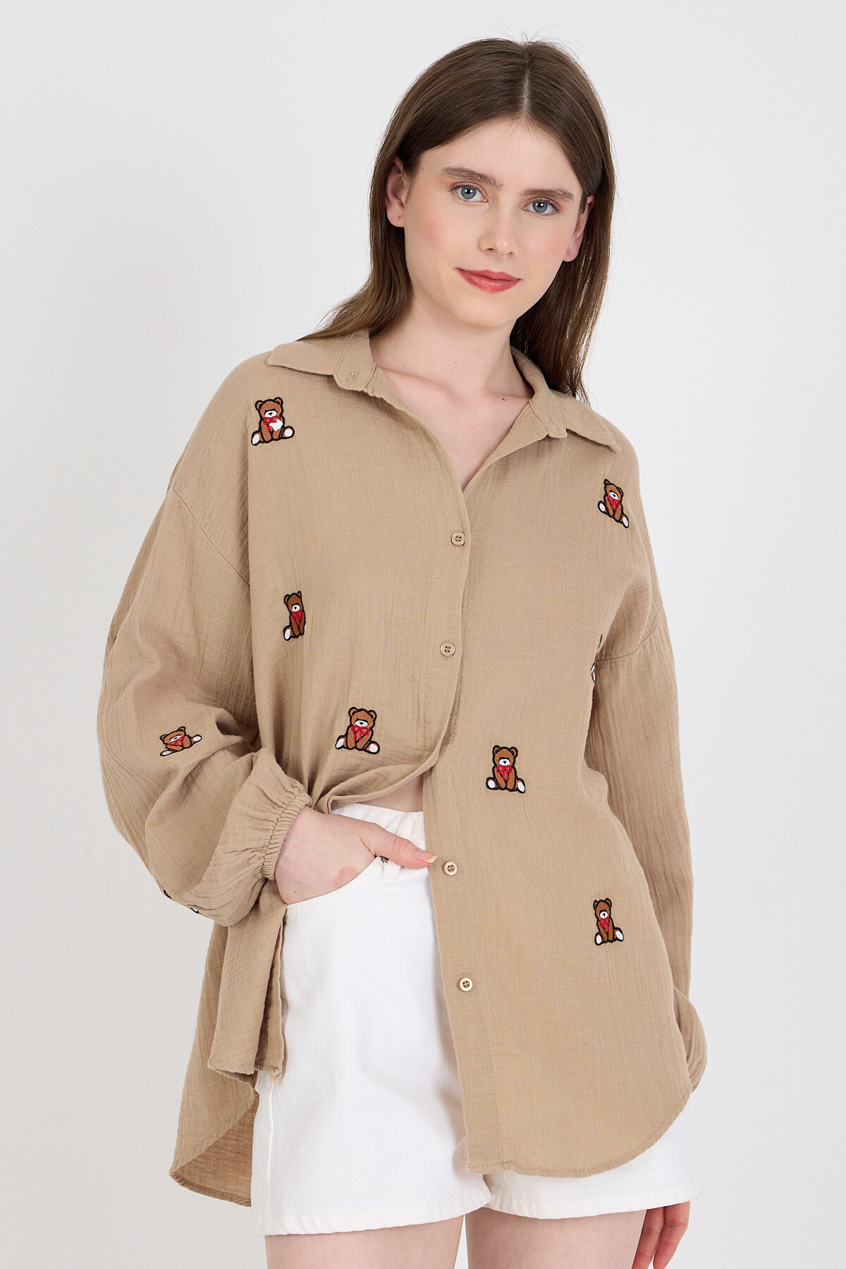 Vizon Keten Görünümlü %100 Pamuk Ayıcık Nakışlı Gömlek 4798A - 2