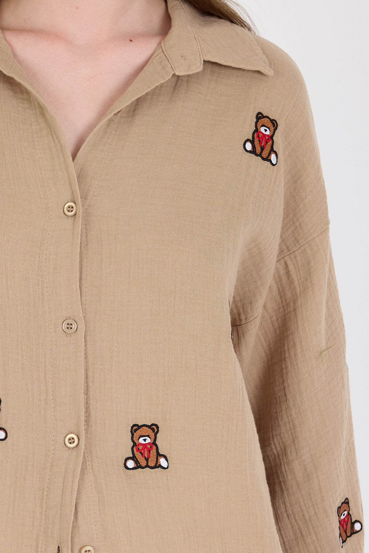 Vizon Keten Görünümlü %100 Pamuk Ayıcık Nakışlı Gömlek 4798A - RAYS