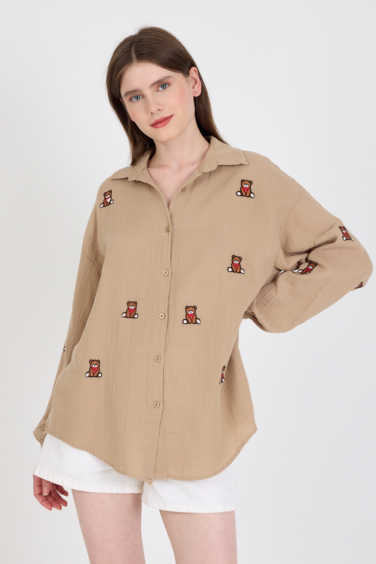 Vizon Keten Görünümlü %100 Pamuk Ayıcık Nakışlı Gömlek 4798A 