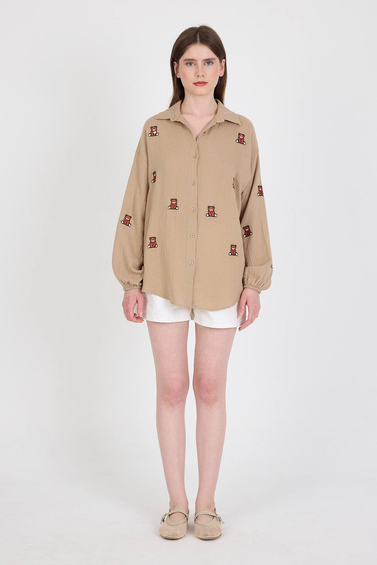 Vizon Keten Görünümlü %100 Pamuk Ayıcık Nakışlı Gömlek 4798A - 3