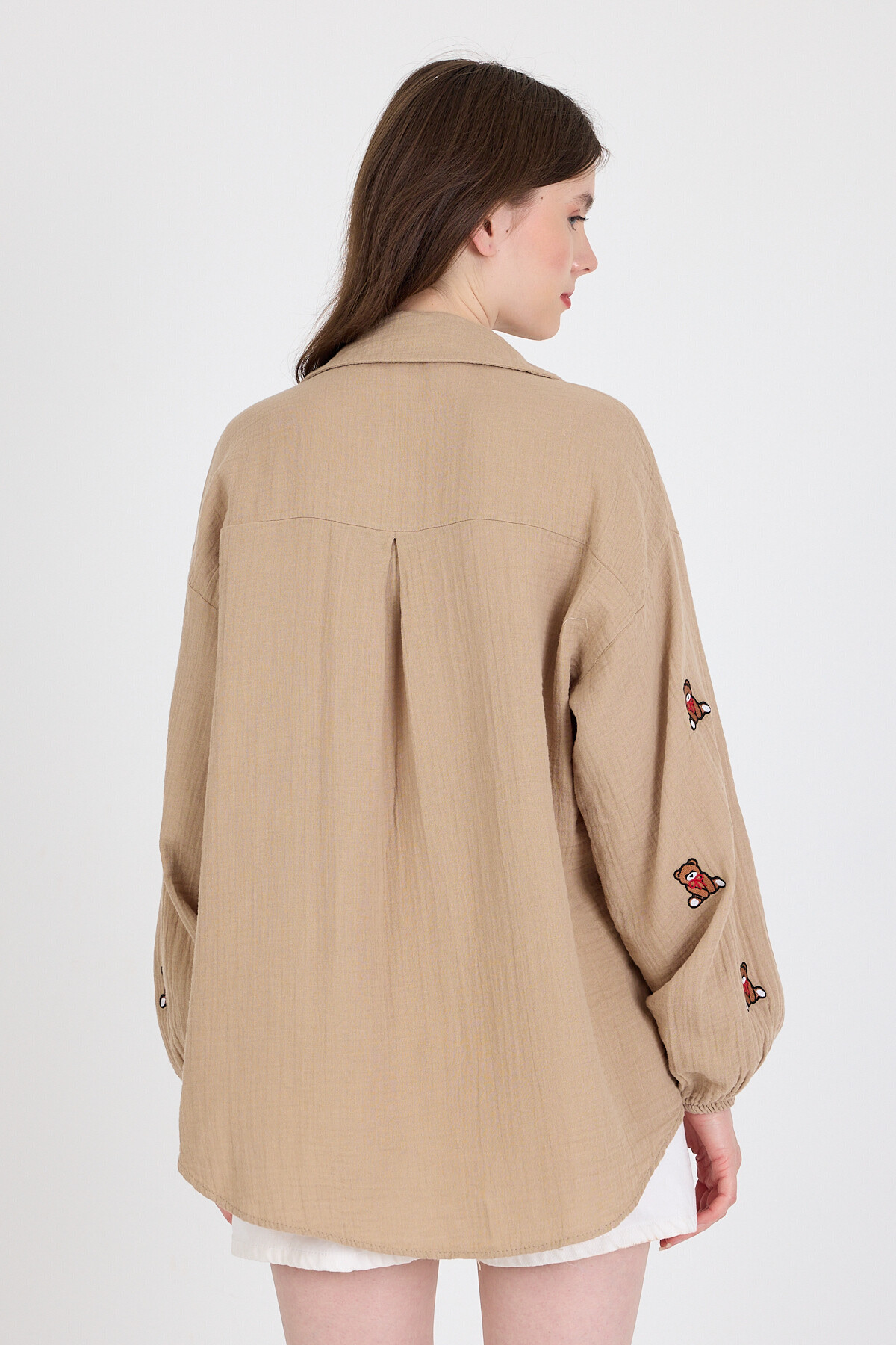 Vizon Keten Görünümlü %100 Pamuk Ayıcık Nakışlı Gömlek 4798A - 5