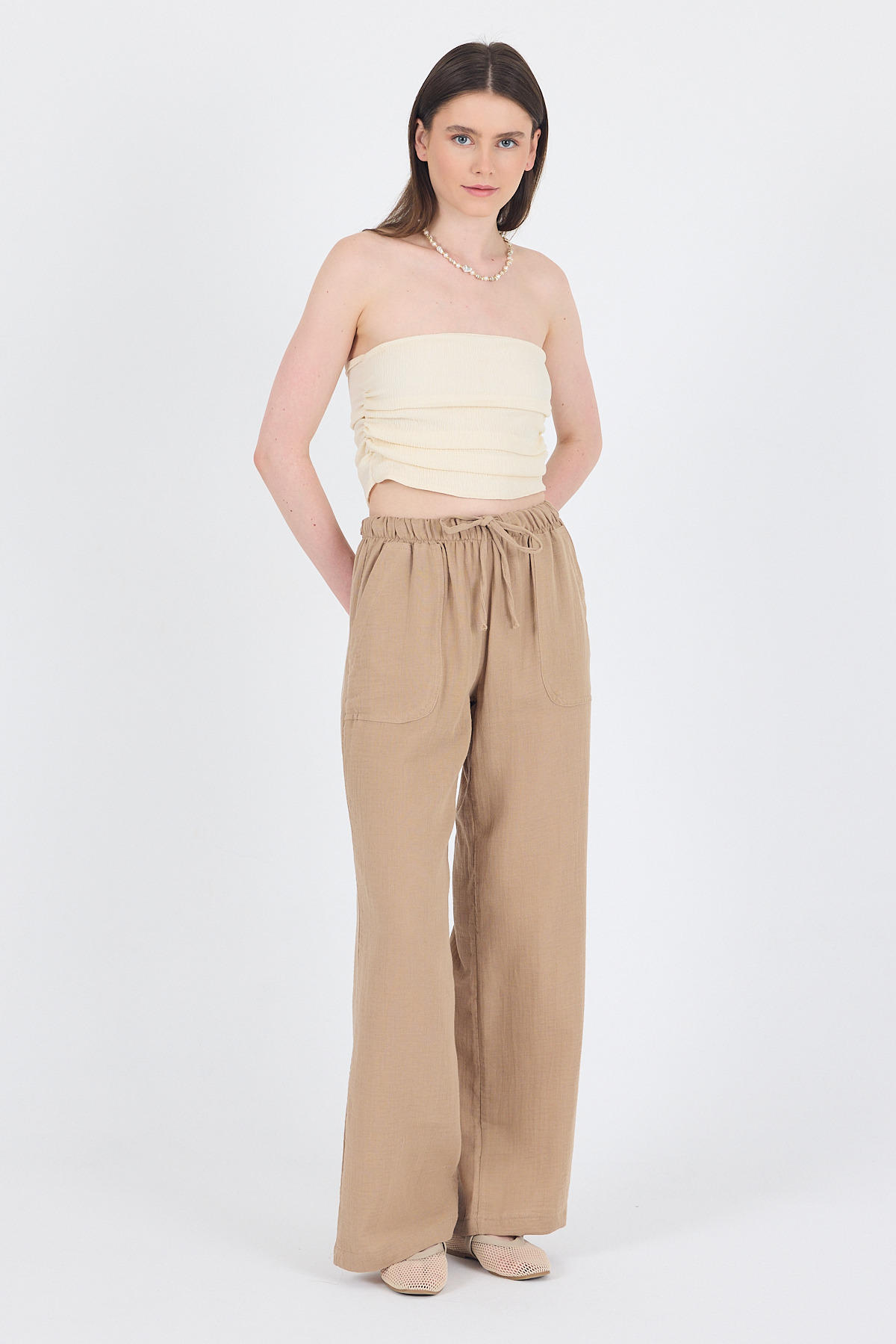 Vizon Keten Görünümlü %100 Pamuk Cepli Bol Paça Pantolon 8054A - 1