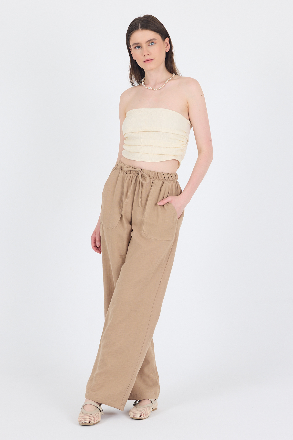 Vizon Keten Görünümlü %100 Pamuk Cepli Bol Paça Pantolon 8054A - 2