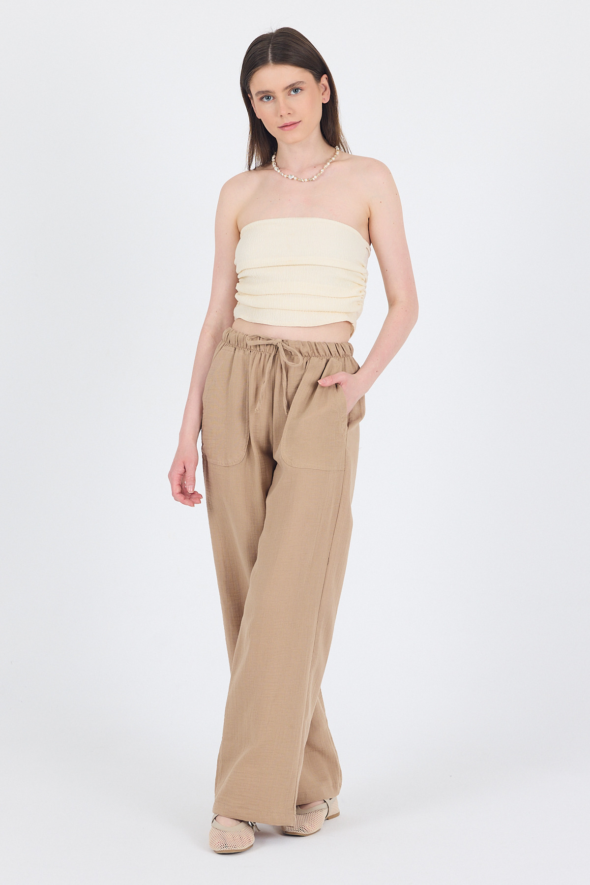 Vizon Keten Görünümlü %100 Pamuk Cepli Bol Paça Pantolon 8054A - 3